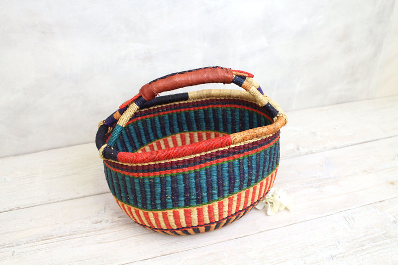 Multi-Coloured Woven Basket Bag - Round