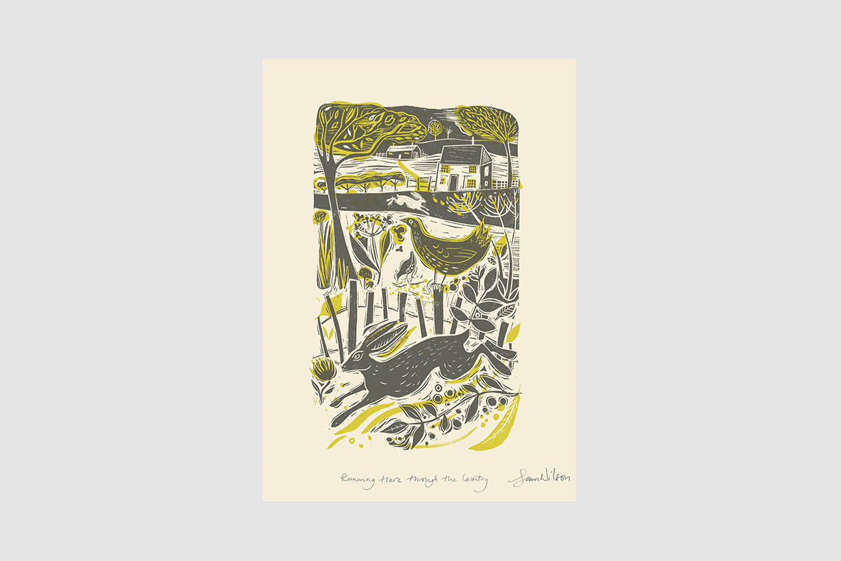 Sam Wilson Running Hare In The Countryside Print - Unframed