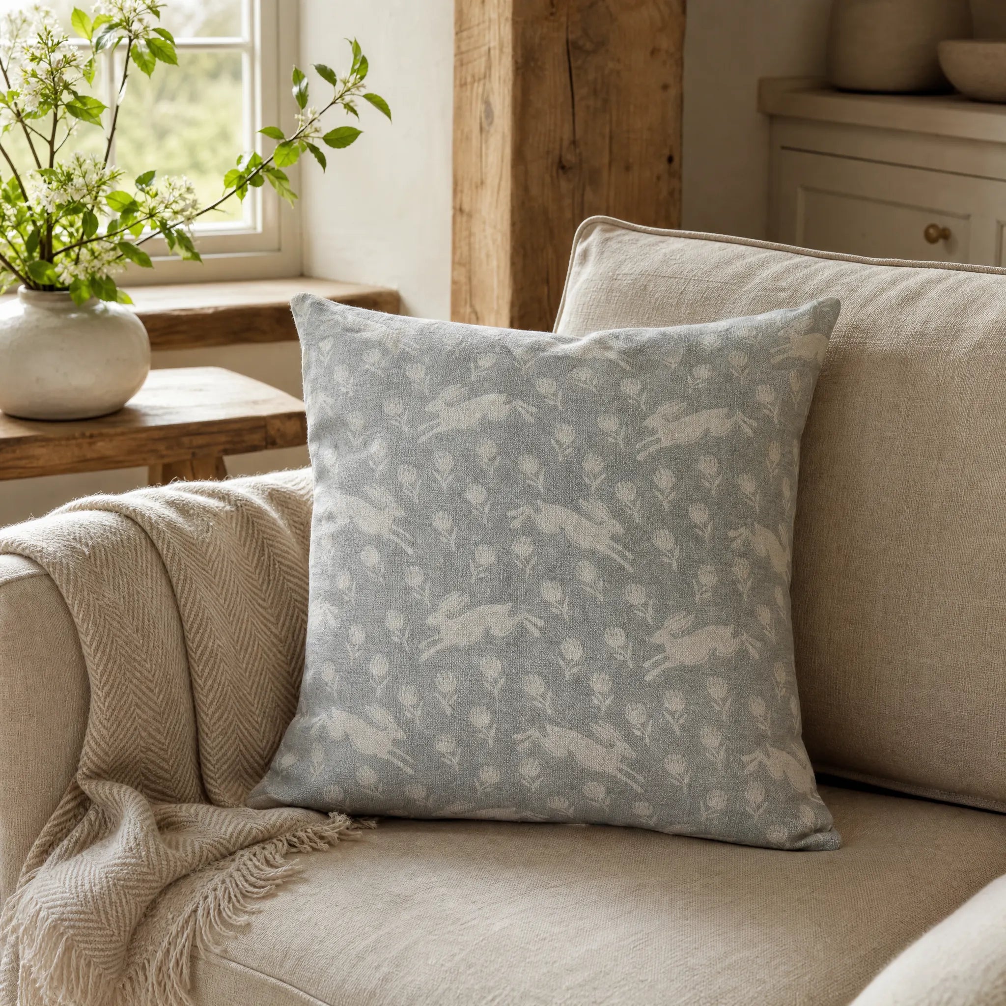 Sam Wilson Running Hare White On Grey Linen Cushion