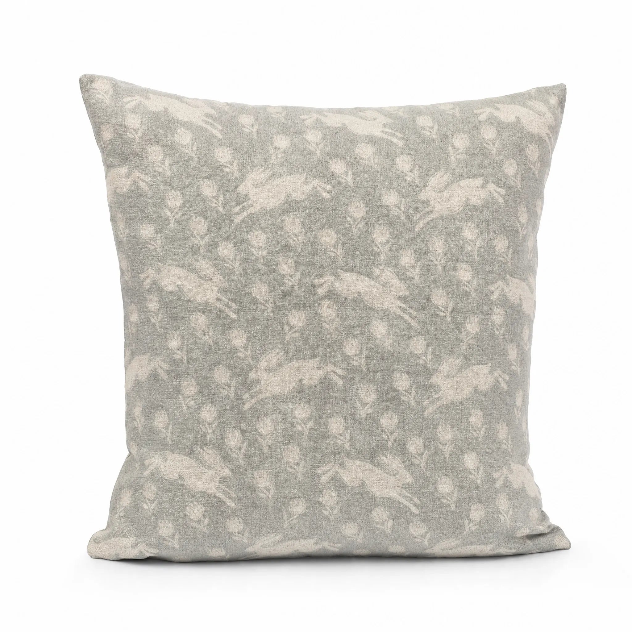 Sam Wilson Running Hare White On Grey Linen Cushion
