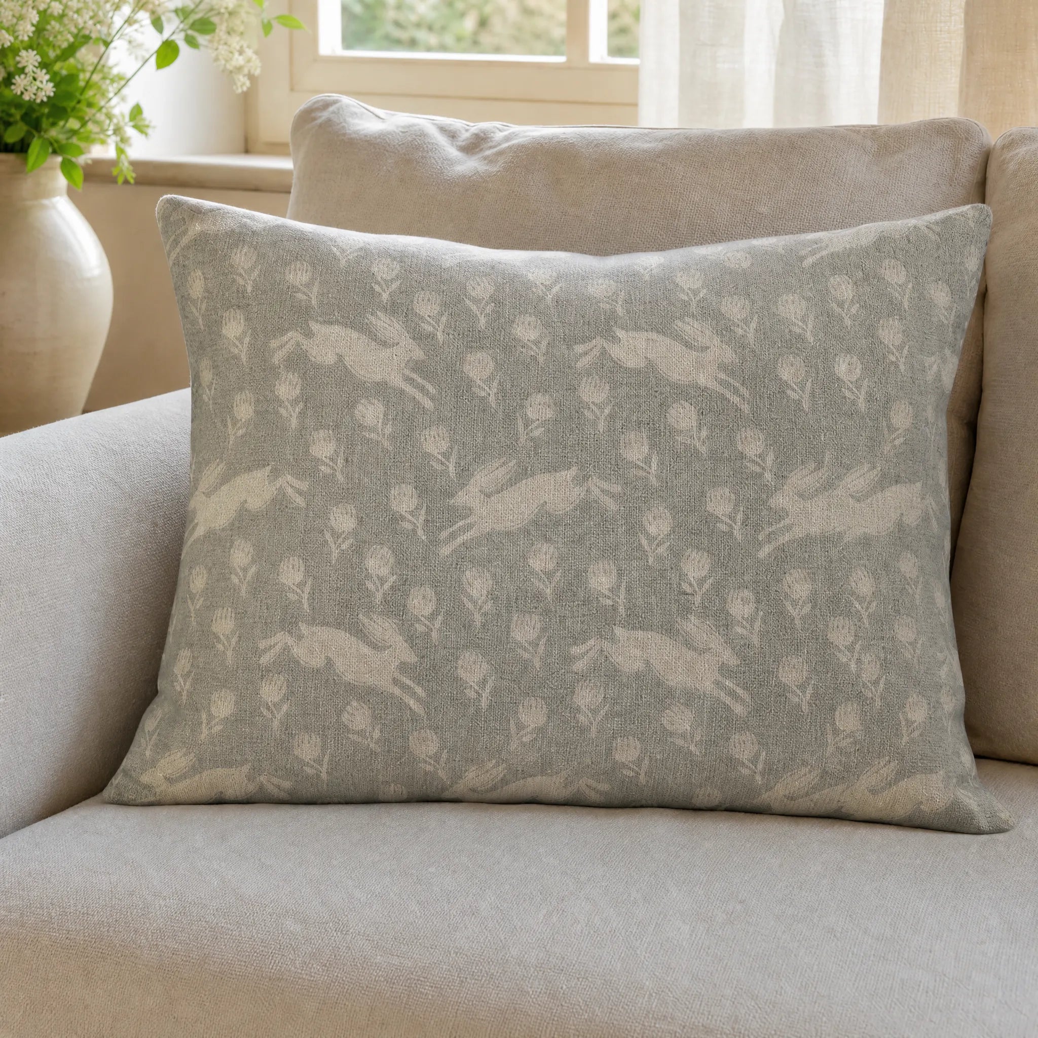 Sam Wilson Running Hare White On Grey Rectangle Linen Cushion cover