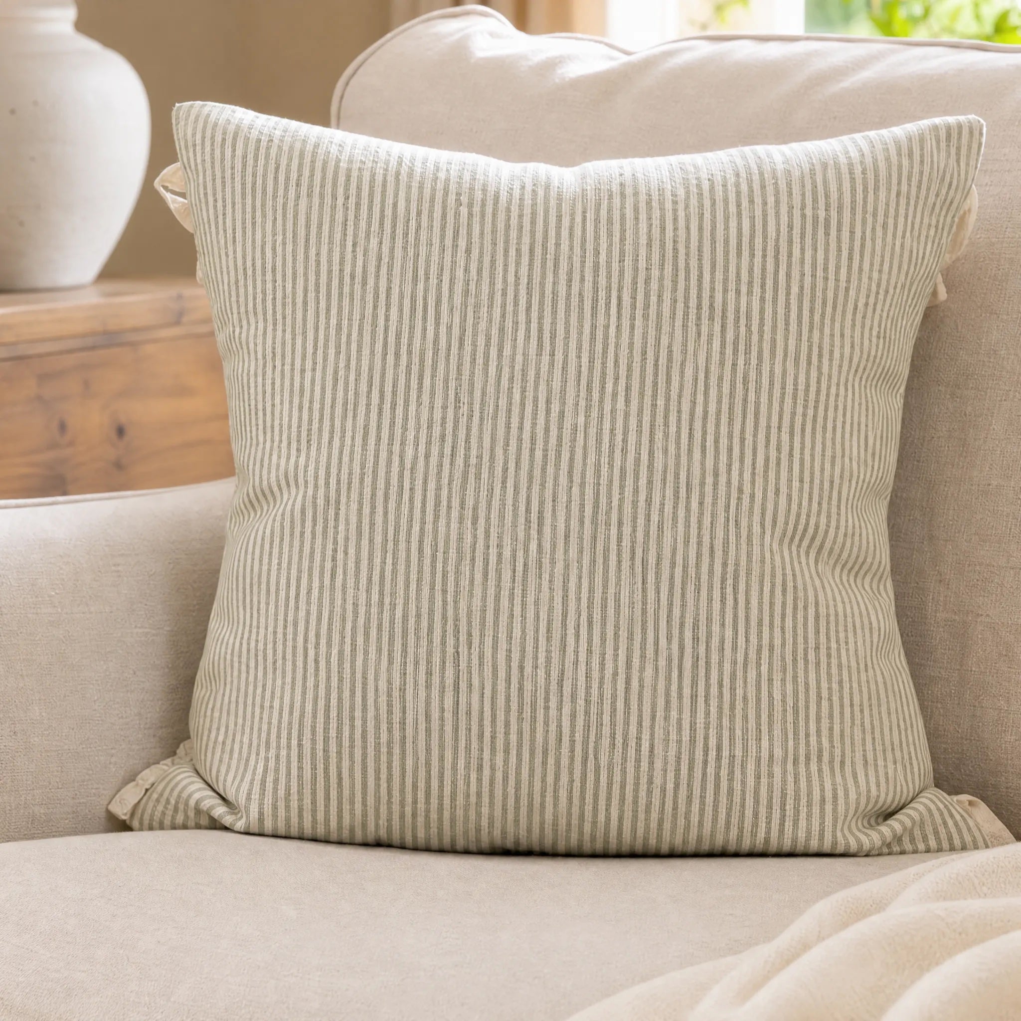 Sam Wilson Sage Green Stripe Square Linen Cushion