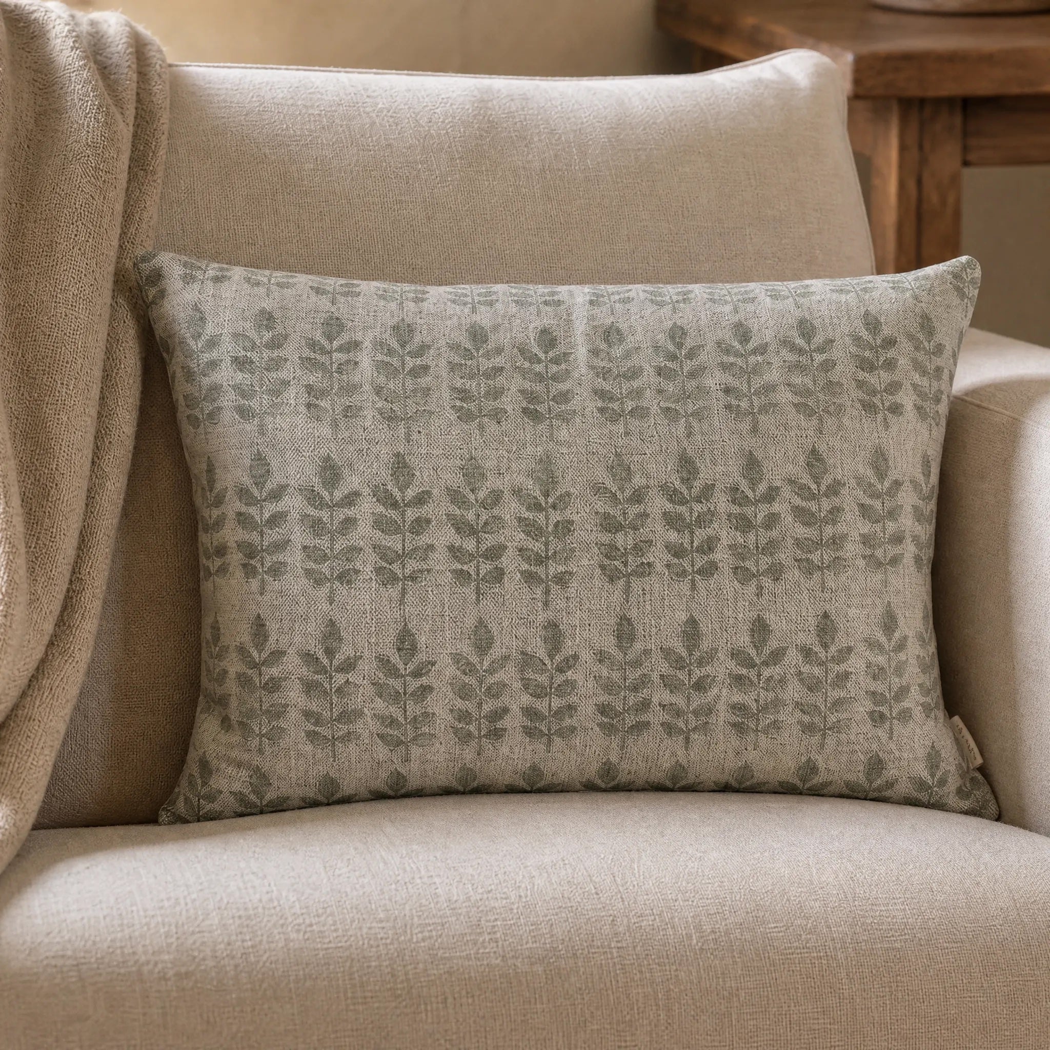 Sam Wilson Sage Green Leaf Rectangle Linen Cushion