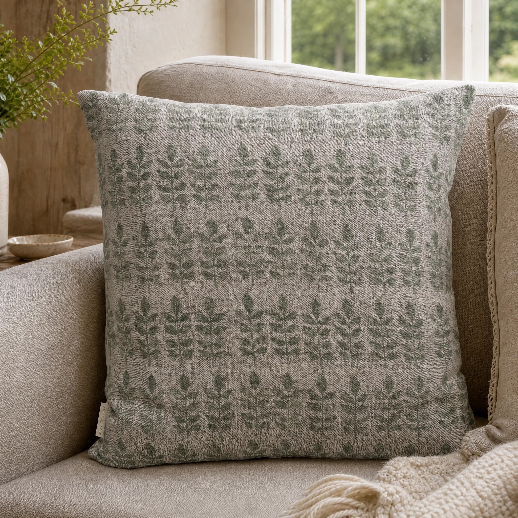 Sam Wilson Sage Green Leaf Square Linen Cushion