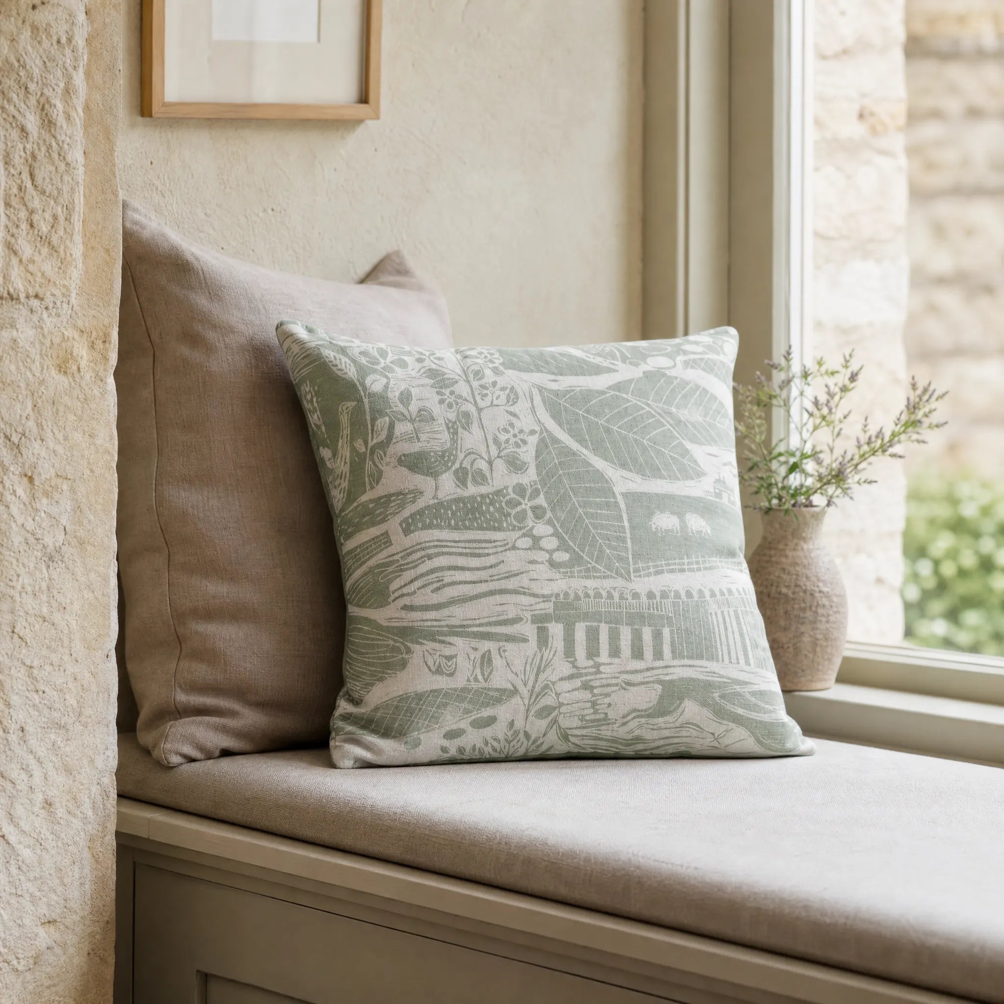 Sam Wilson Through The Fields Sage Square Linen Cushion