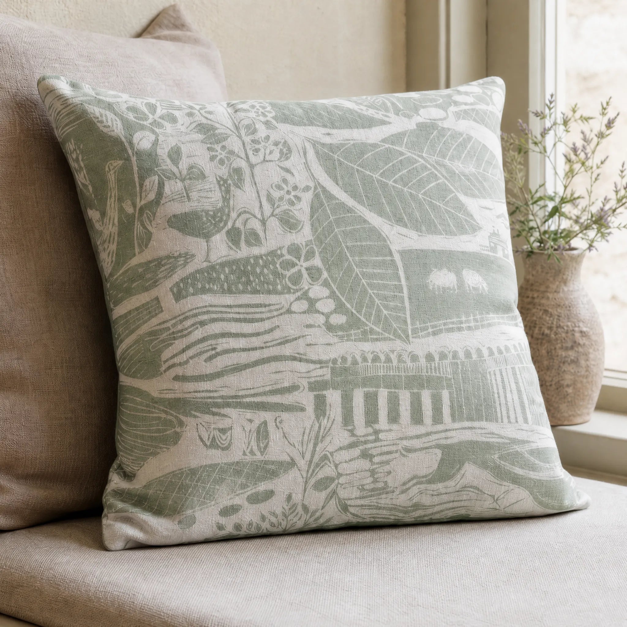 Sam Wilson Through The Fields Sage Square Linen Cushion