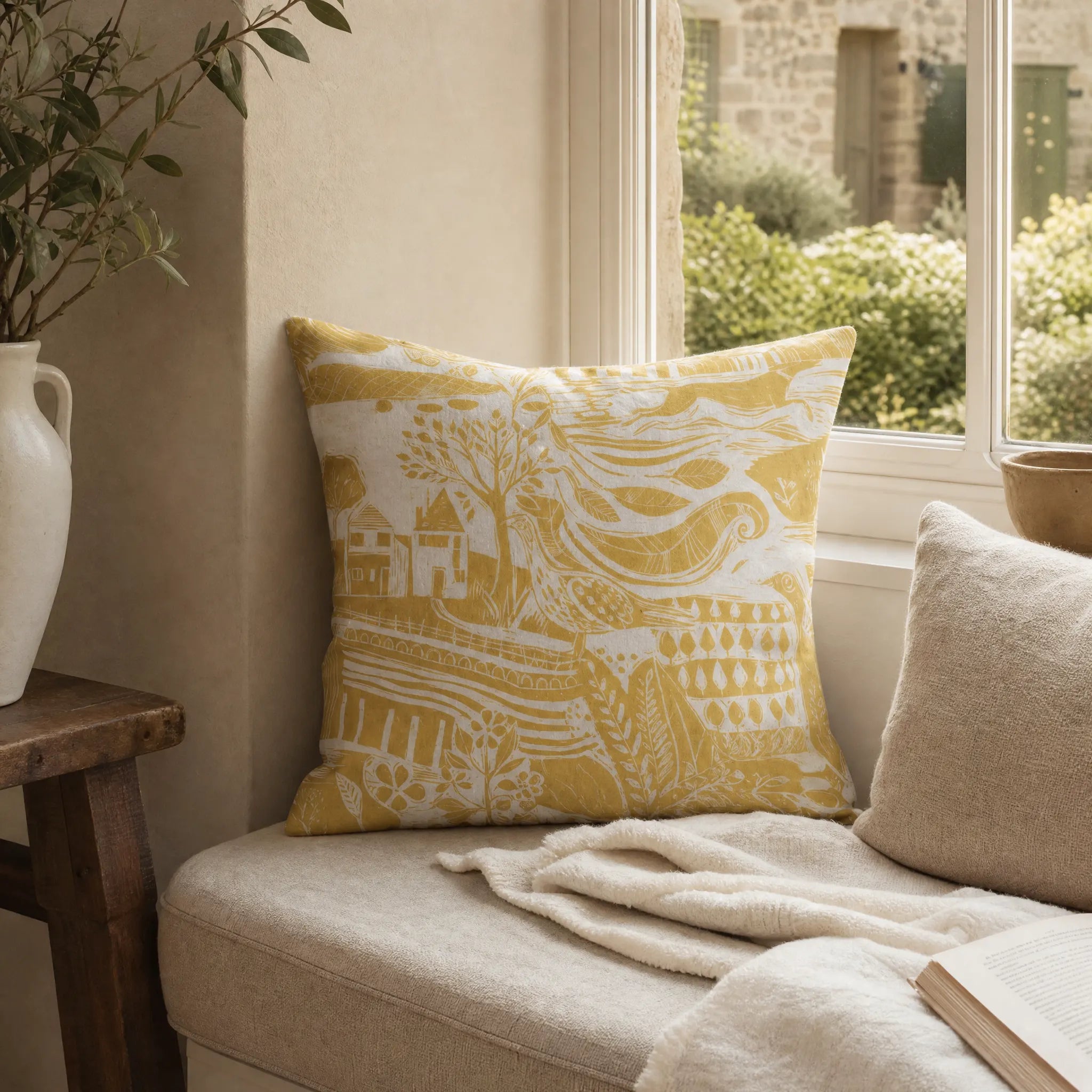 Sam Wilson Through The Fields Ochre Square Linen Cushion
