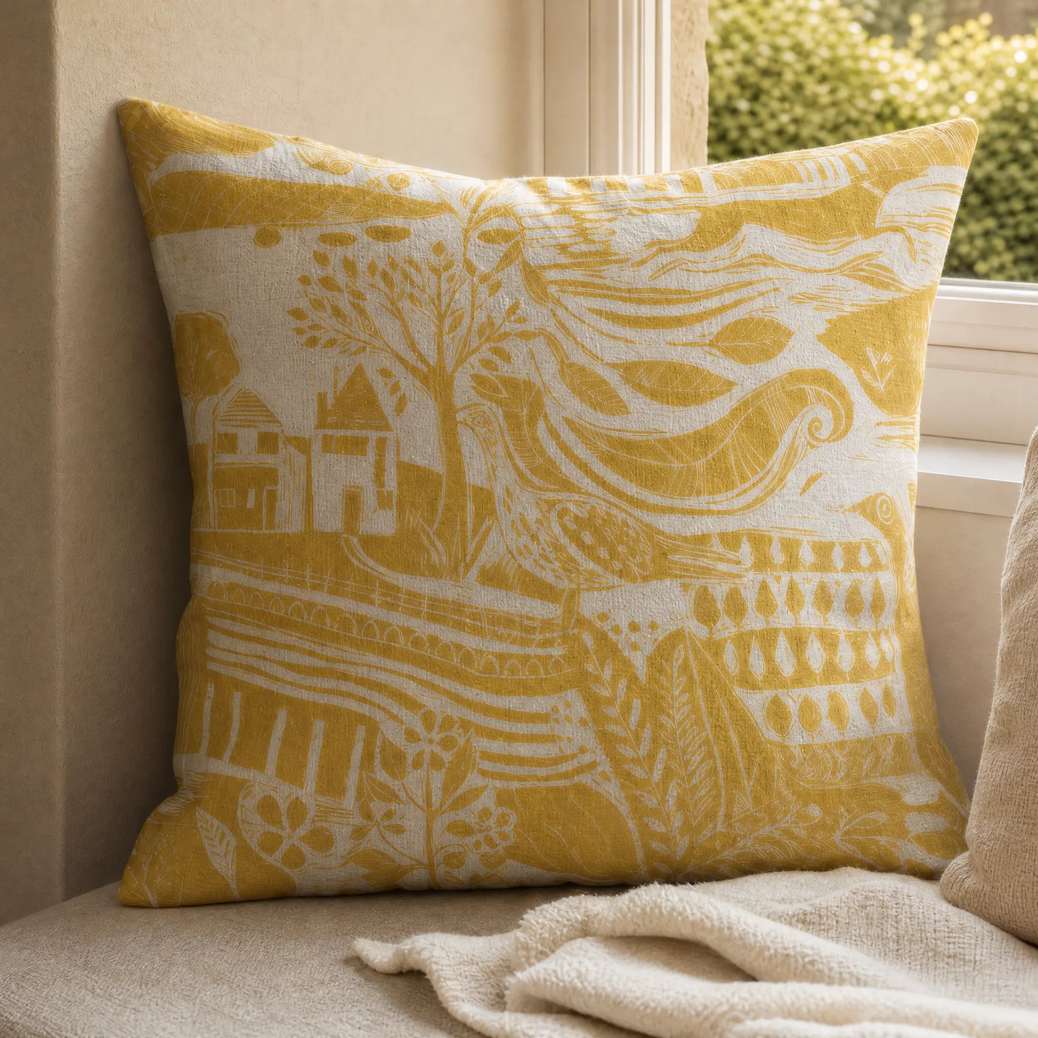 Sam Wilson Through The Fields Ochre Square Linen Cushion