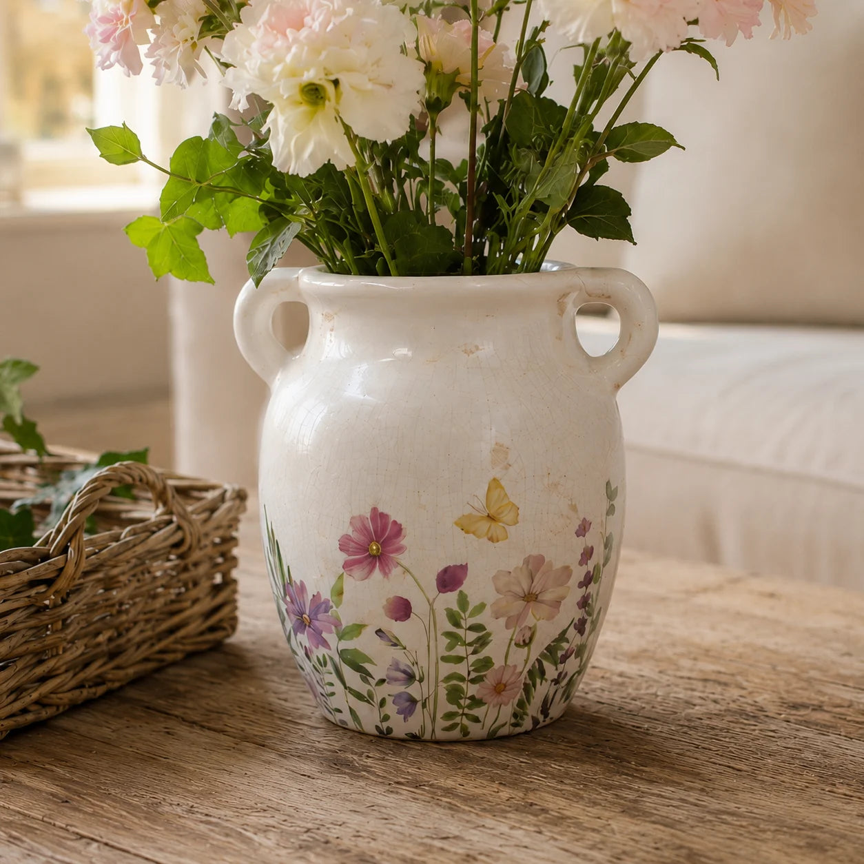Floral Motif Vase With Handles