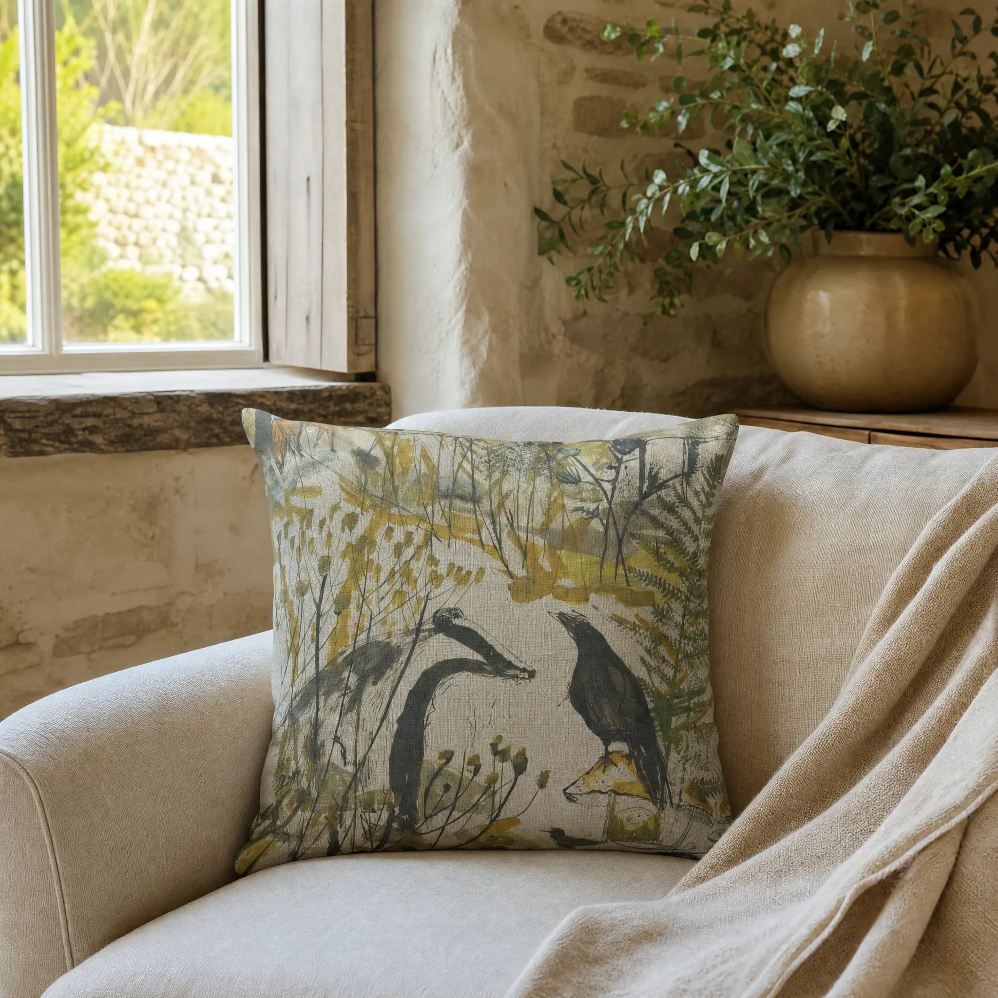 Sam Wilson Badger and Crow Square Linen Cushion