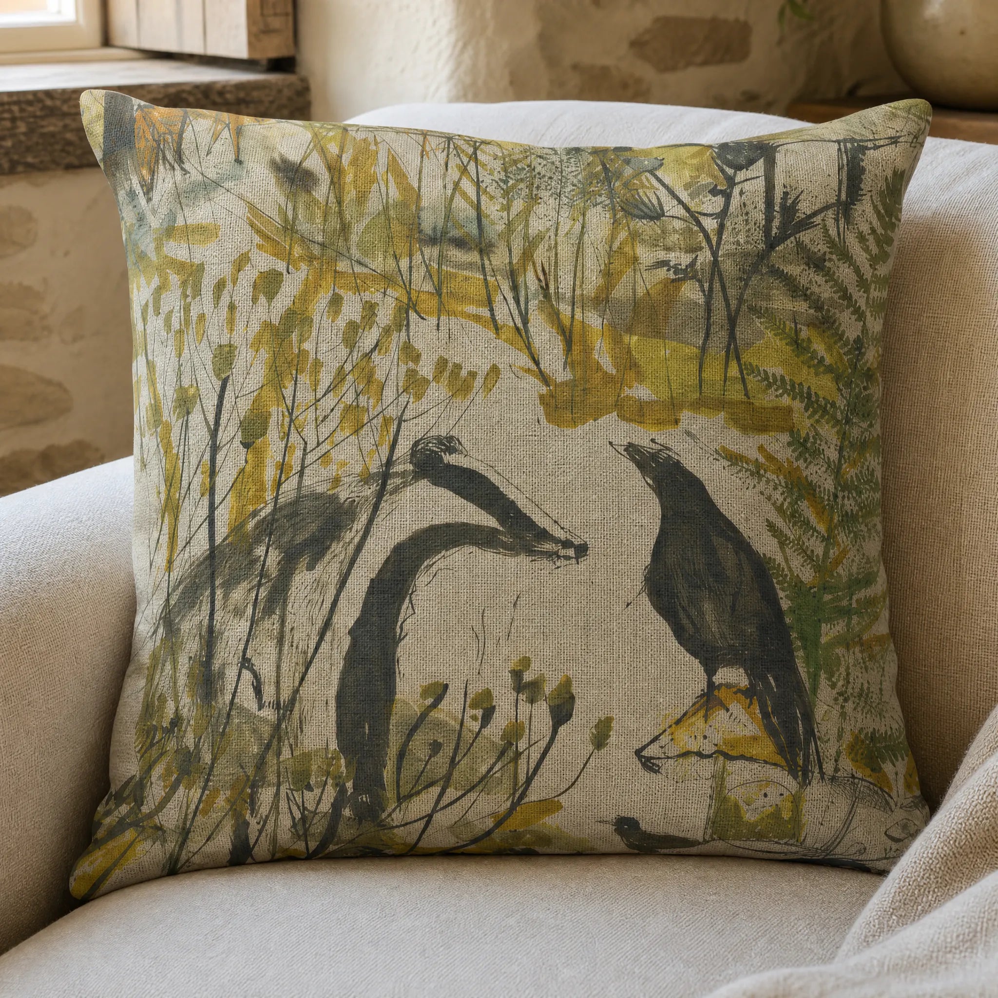 Sam Wilson Badger and Crow Square Linen Cushion