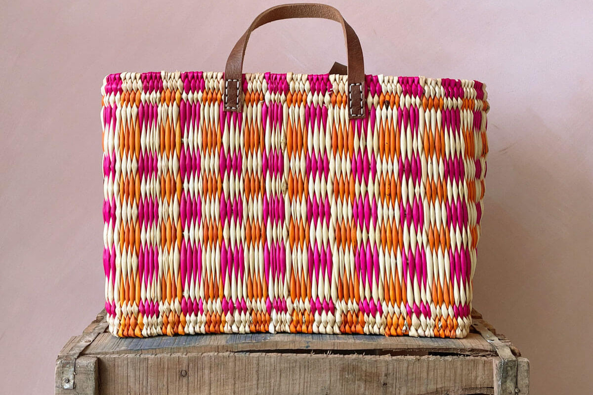 Chequered Reed Basket, Pink/Orange MEDIUM