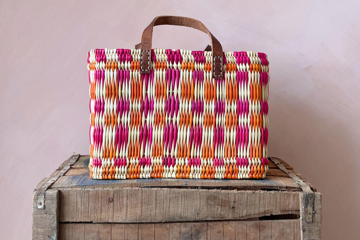 Chequered Reed Basket, Pink/Orange SMALL