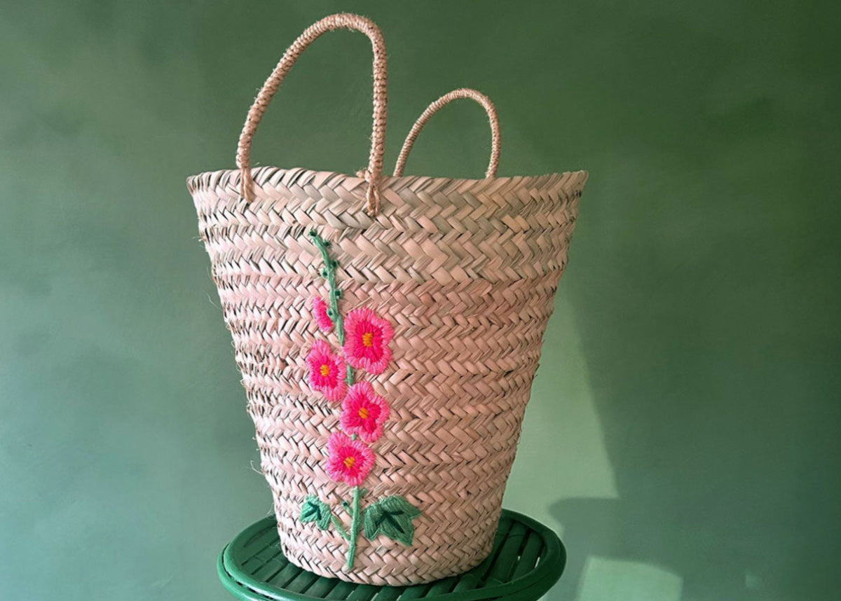 Hand Embroidered Basket, Hollyhock