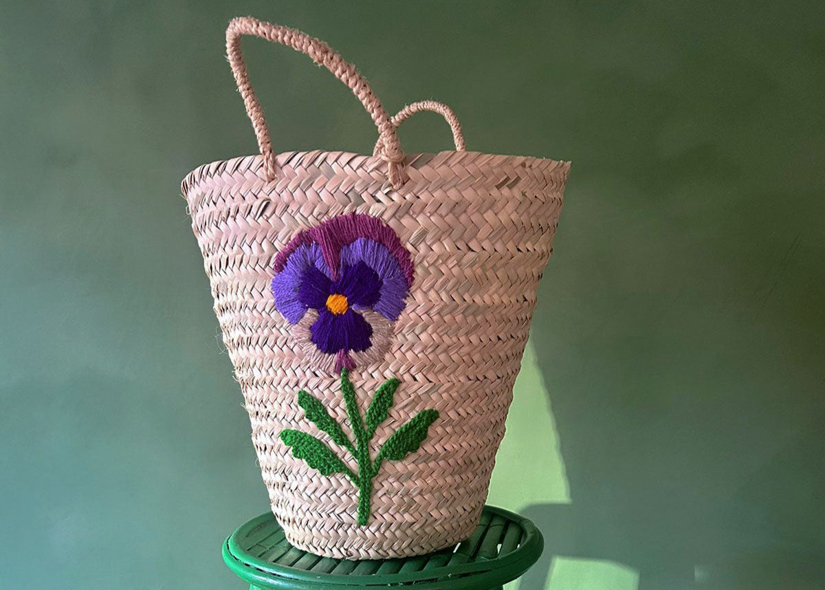 Hand Embroidered Basket, Pansy