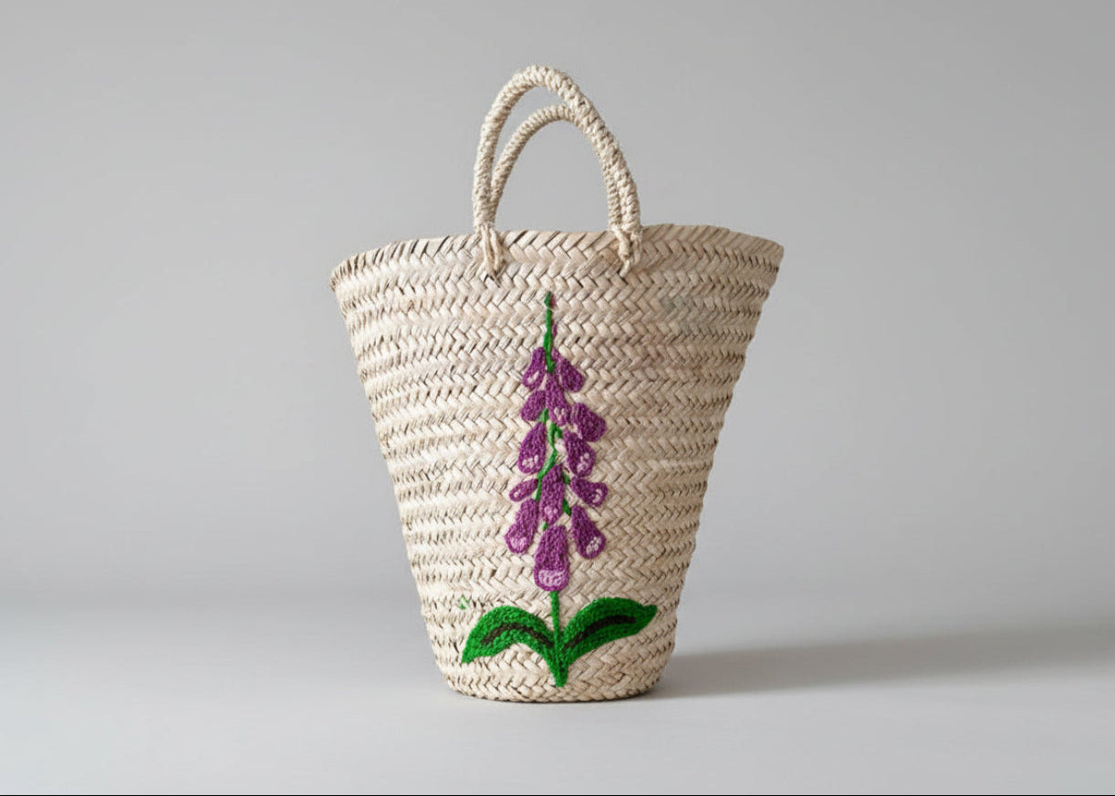 HAND EMBROIDERED BUCKET BASKET, FOXGLOVE
