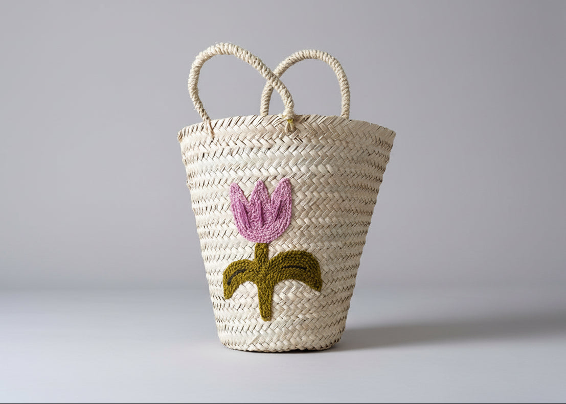 HAND EMBROIDERED BUCKET BASKET, TULIP