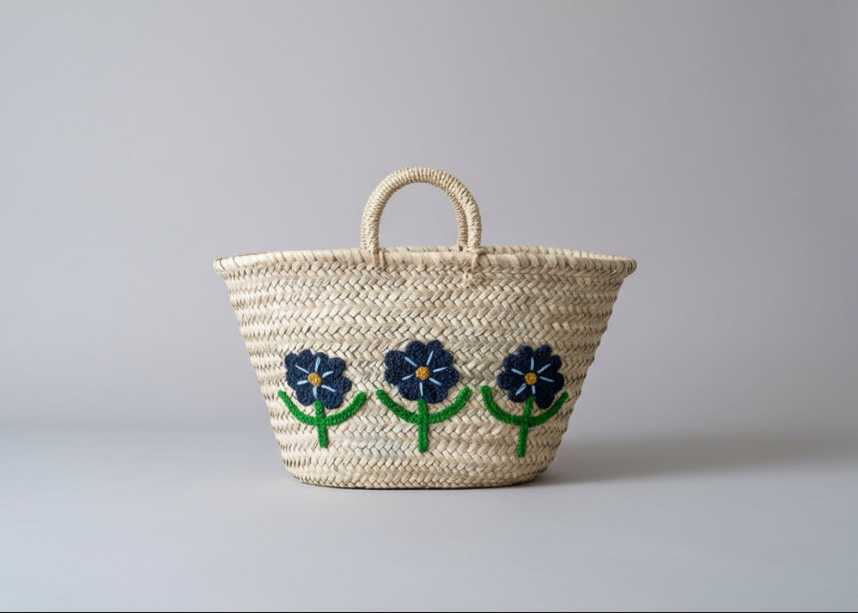 HAND EMBROIDERED MARKET BASKET, DAISY