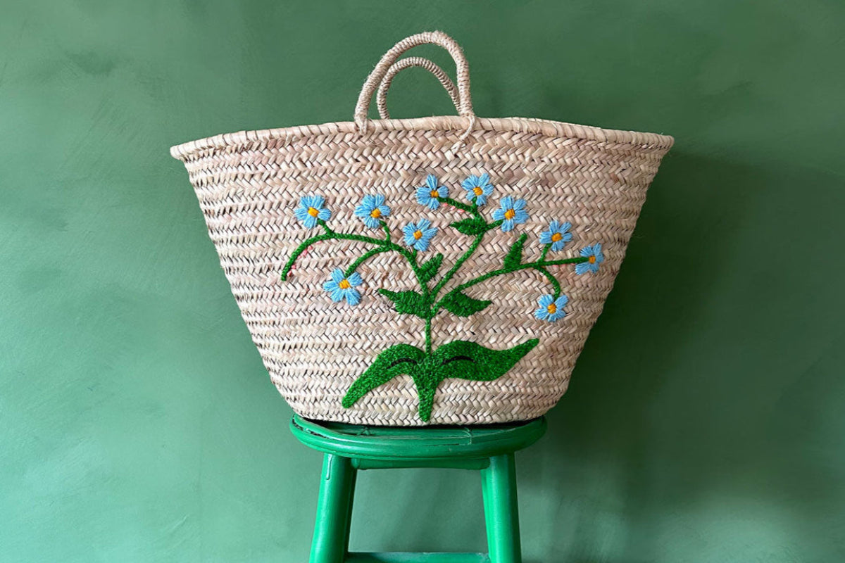HAND EMBROIDERED MARKET BASKET, FORGET-ME-NOT