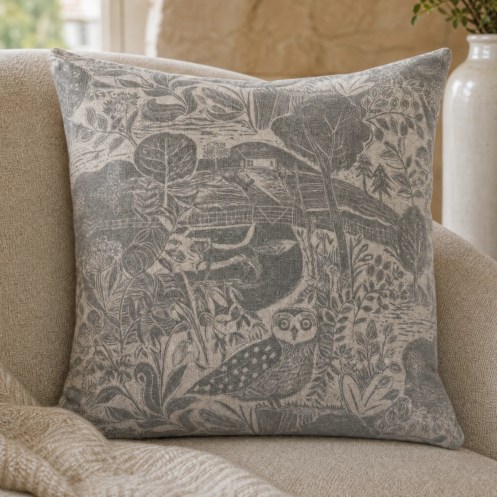 Sam Wilson Owl & Fox Square Linen Cushion