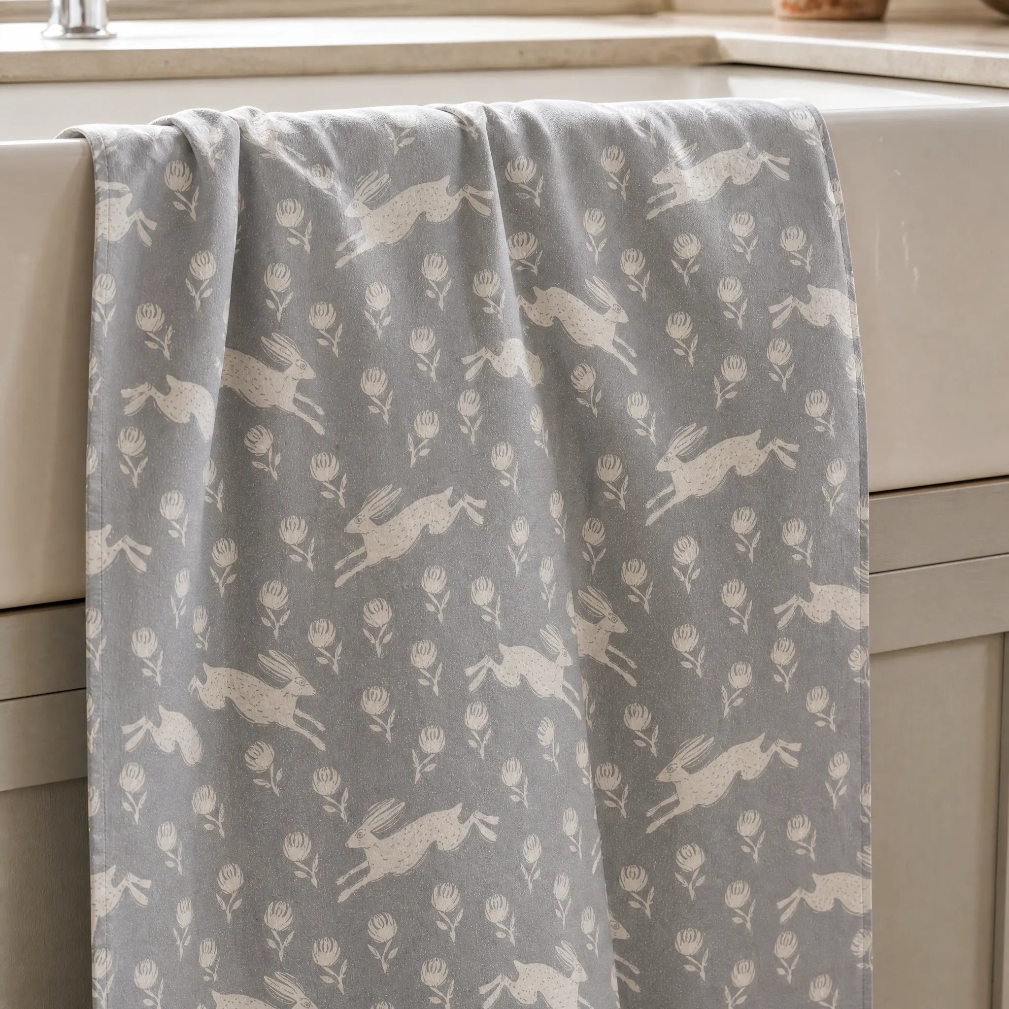 Sam Wilson Running Hare Grey Pattern Tea Towel