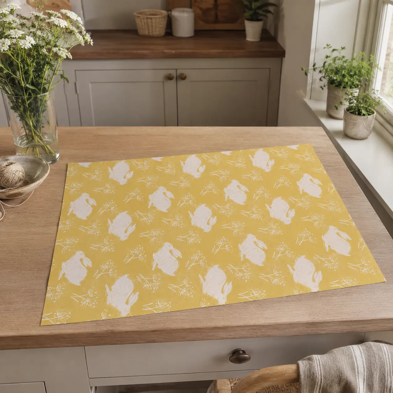 Sam Wilson Headlong Hare Yellow Ochre Gift Wrap - Main