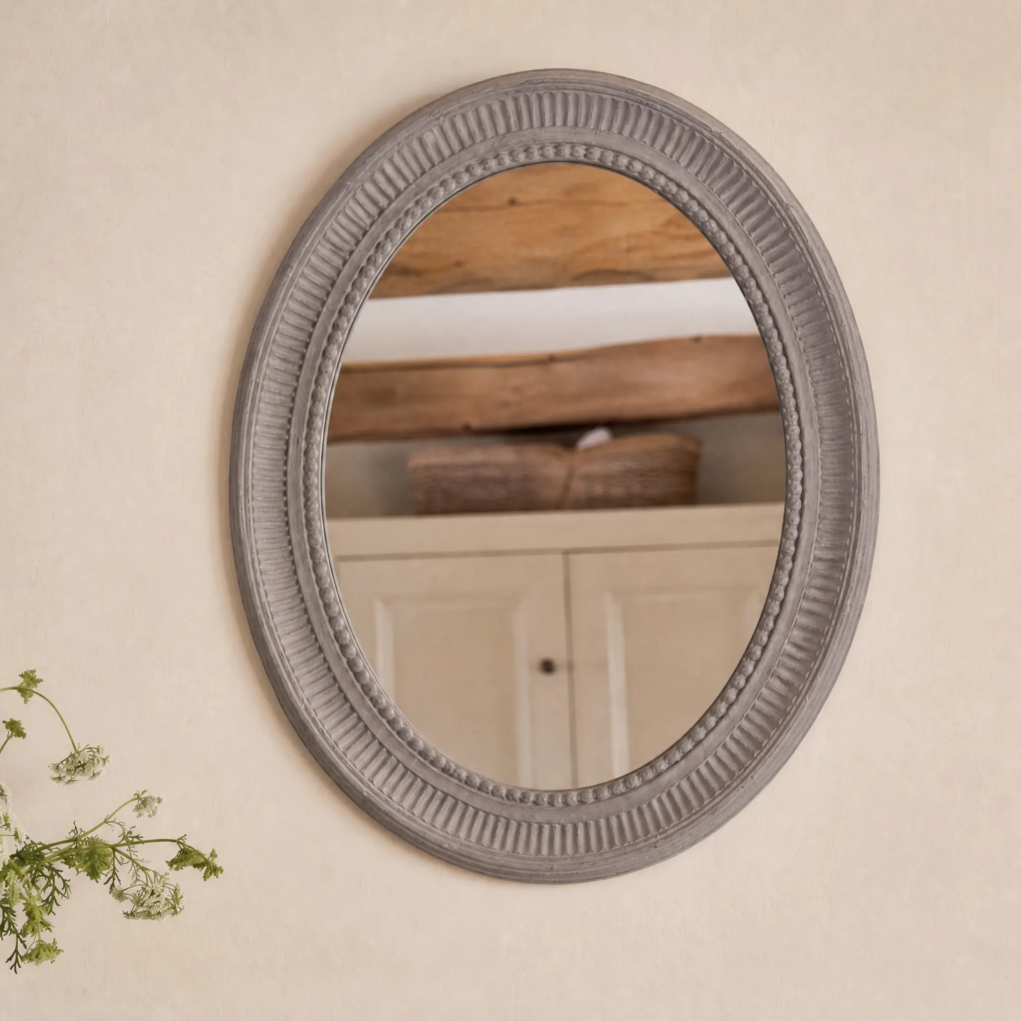 Oval Carved Mirror - Soft Grey