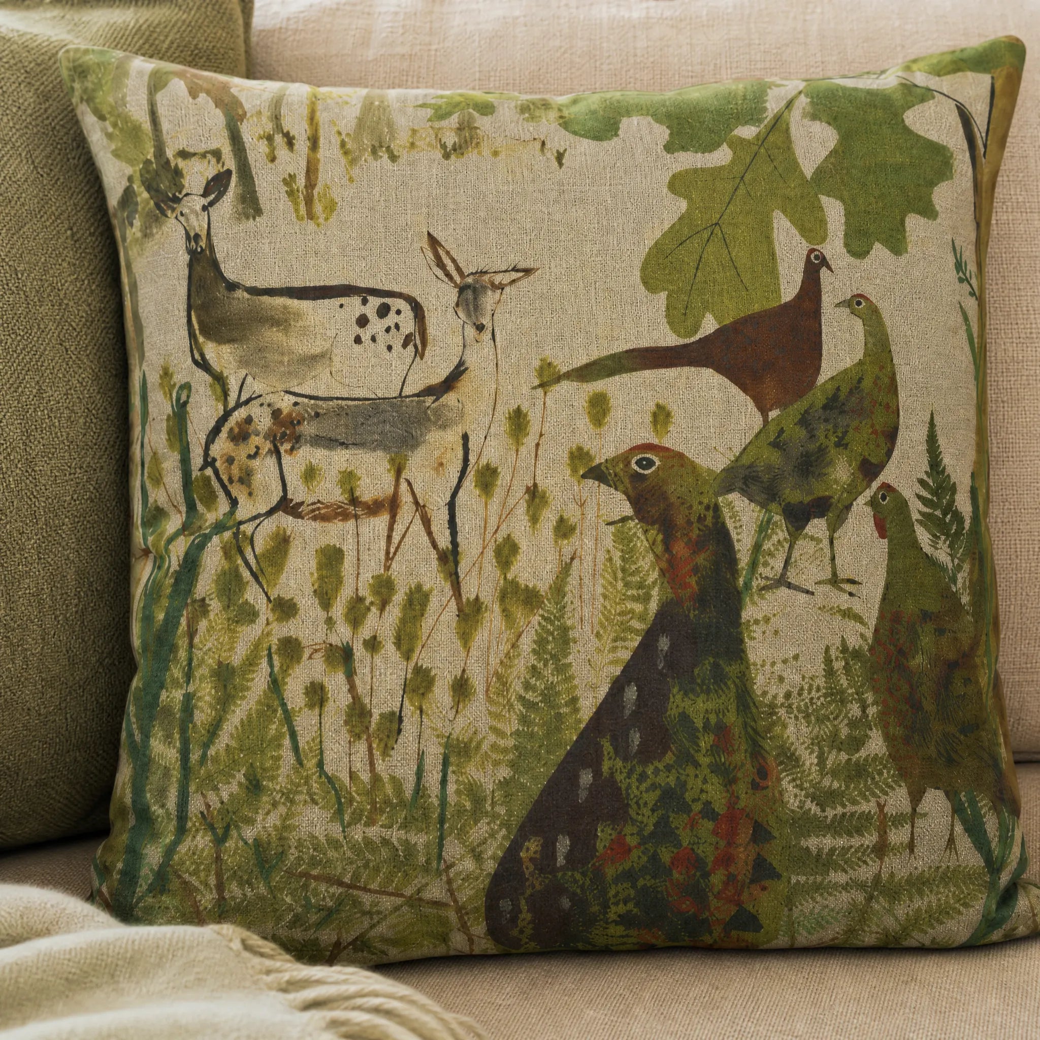 Sam Wilson Pheasant and Deer Square Linen Cushion