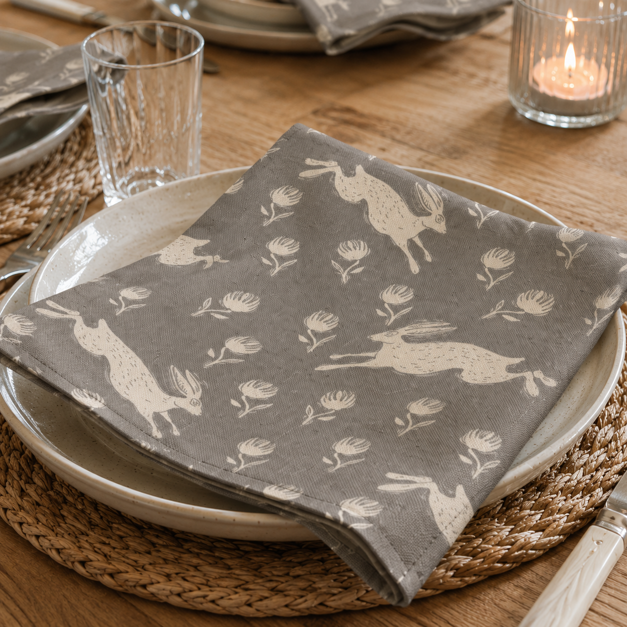 Sam Wilson Running Hare Grey Napkins Set of 4 - Zoomed