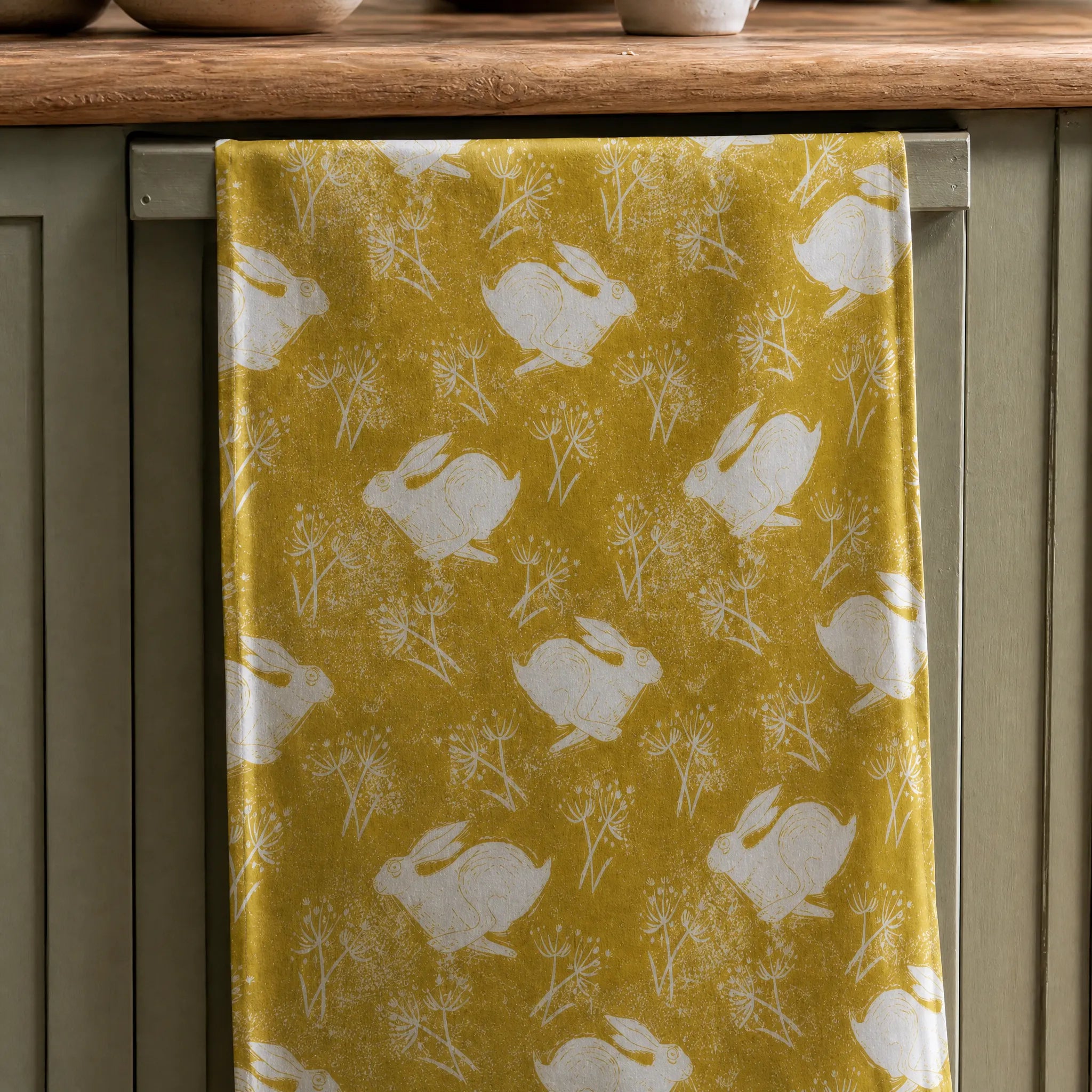 Sam Wilson Headlong Hare Yellow Ochre Cotton Tea Towel