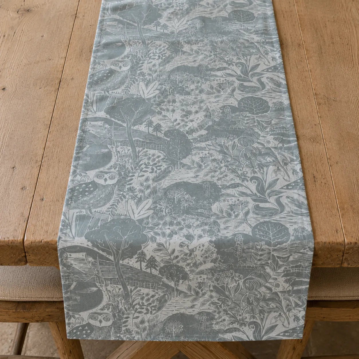 Sam Wilson Owl and Fox Grey Table Runner - Zoomed