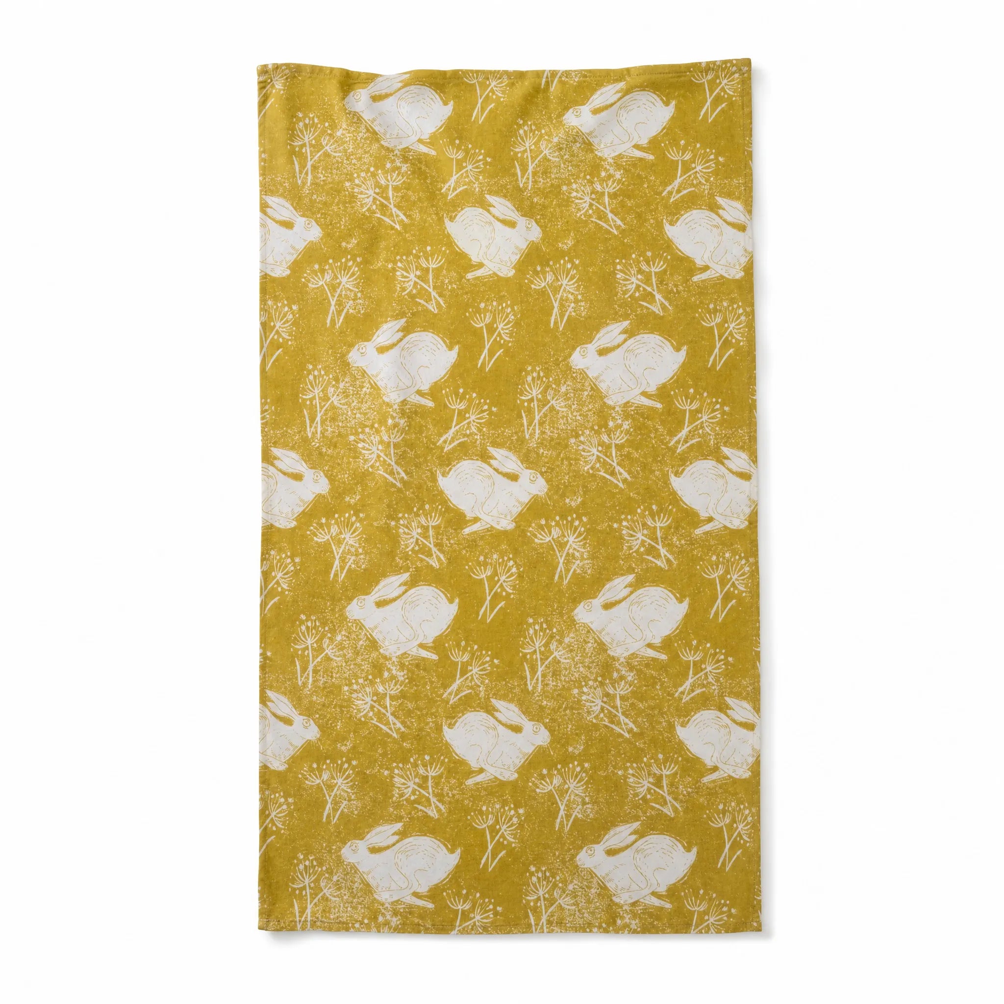 Sam Wilson Headlong Hare Yellow Ochre Cotton Tea Towel