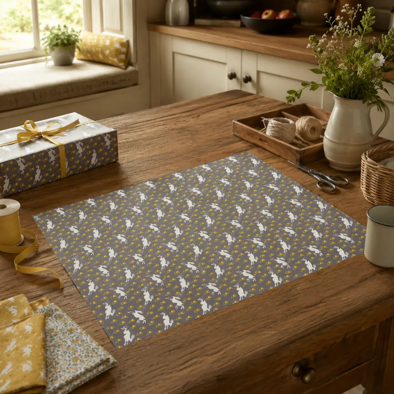Sam Wilson Running Hare Grey Gift Wrap - Main