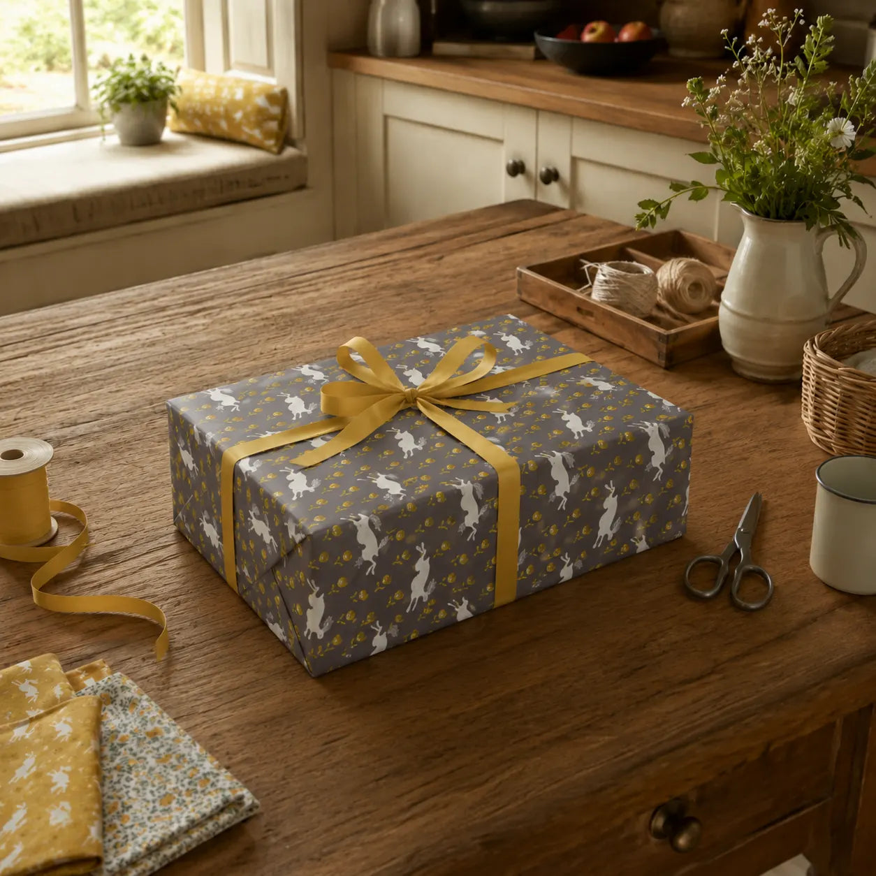 Sam Wilson Running Hare Grey Gift Wrap - Zoomed