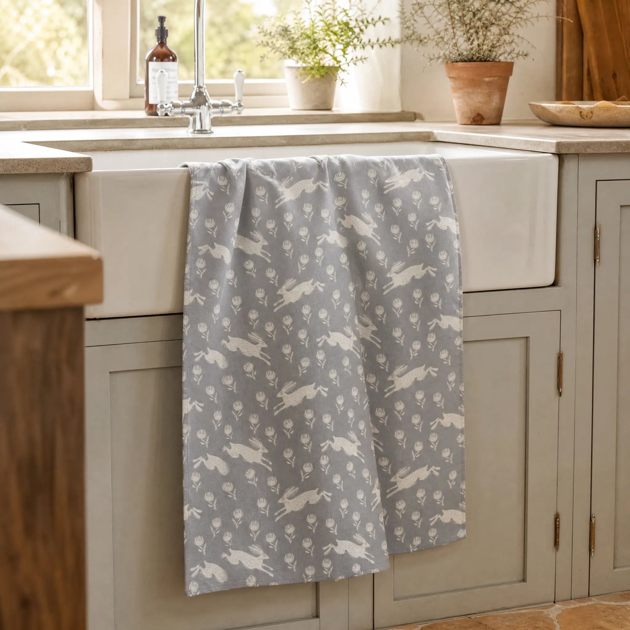 Sam Wilson Running Hare Grey Pattern Tea Towel