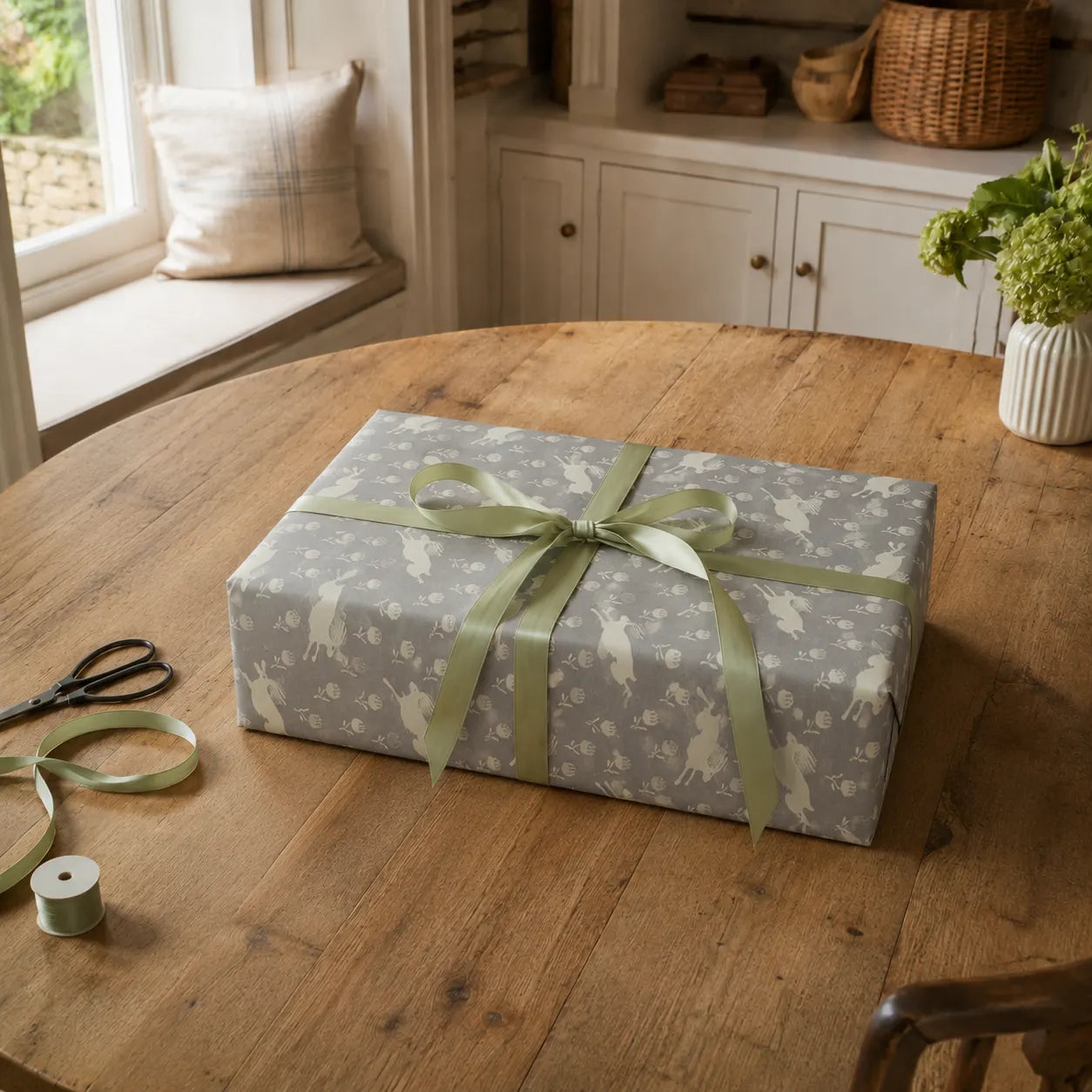 Sam Wilson Running Hare Grey/Yellow Gift Wrap - Zoomed