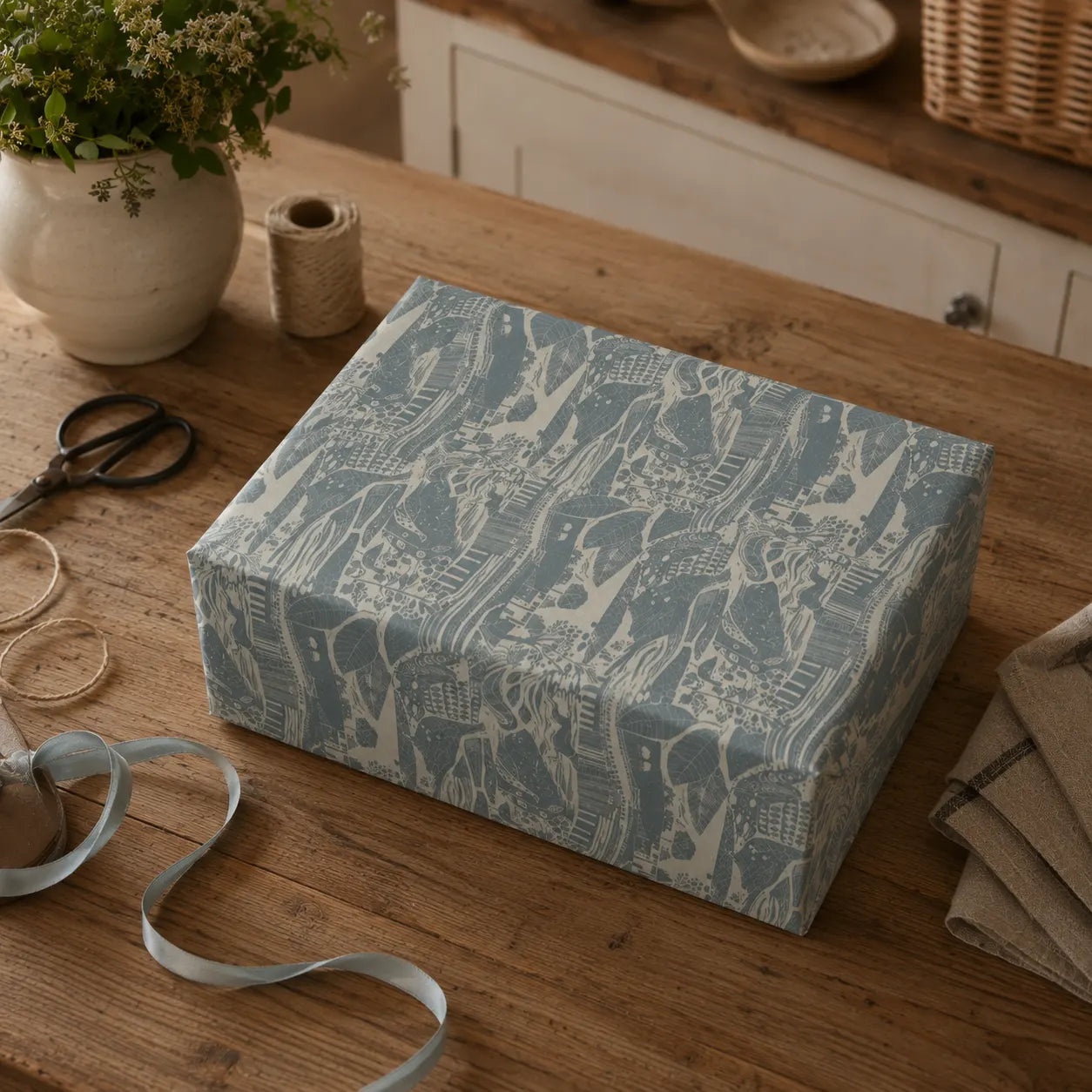 Sam Wilson Through The Fields Duck Egg Blue Gift Wrap - Zoomed