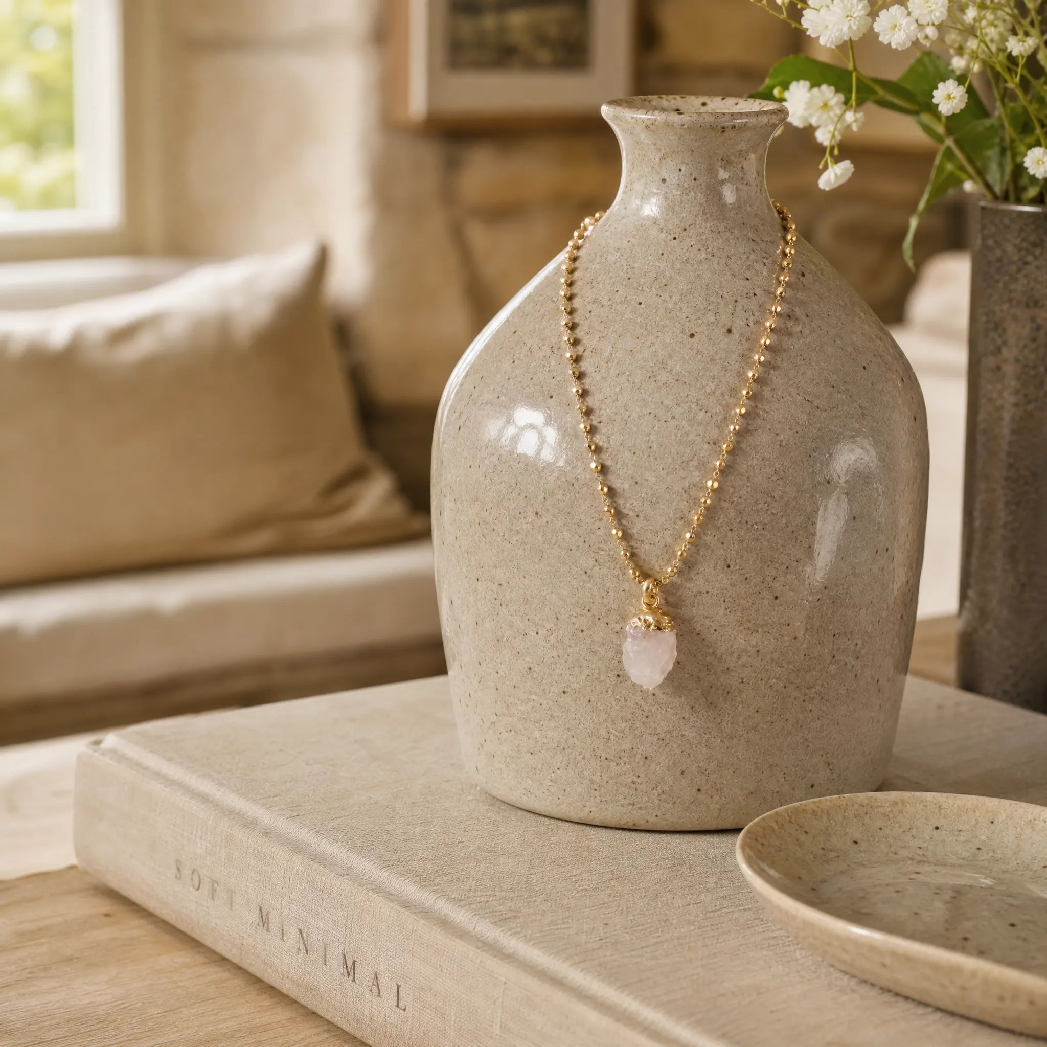 Hadari Rose Quartz Necklace - Gold