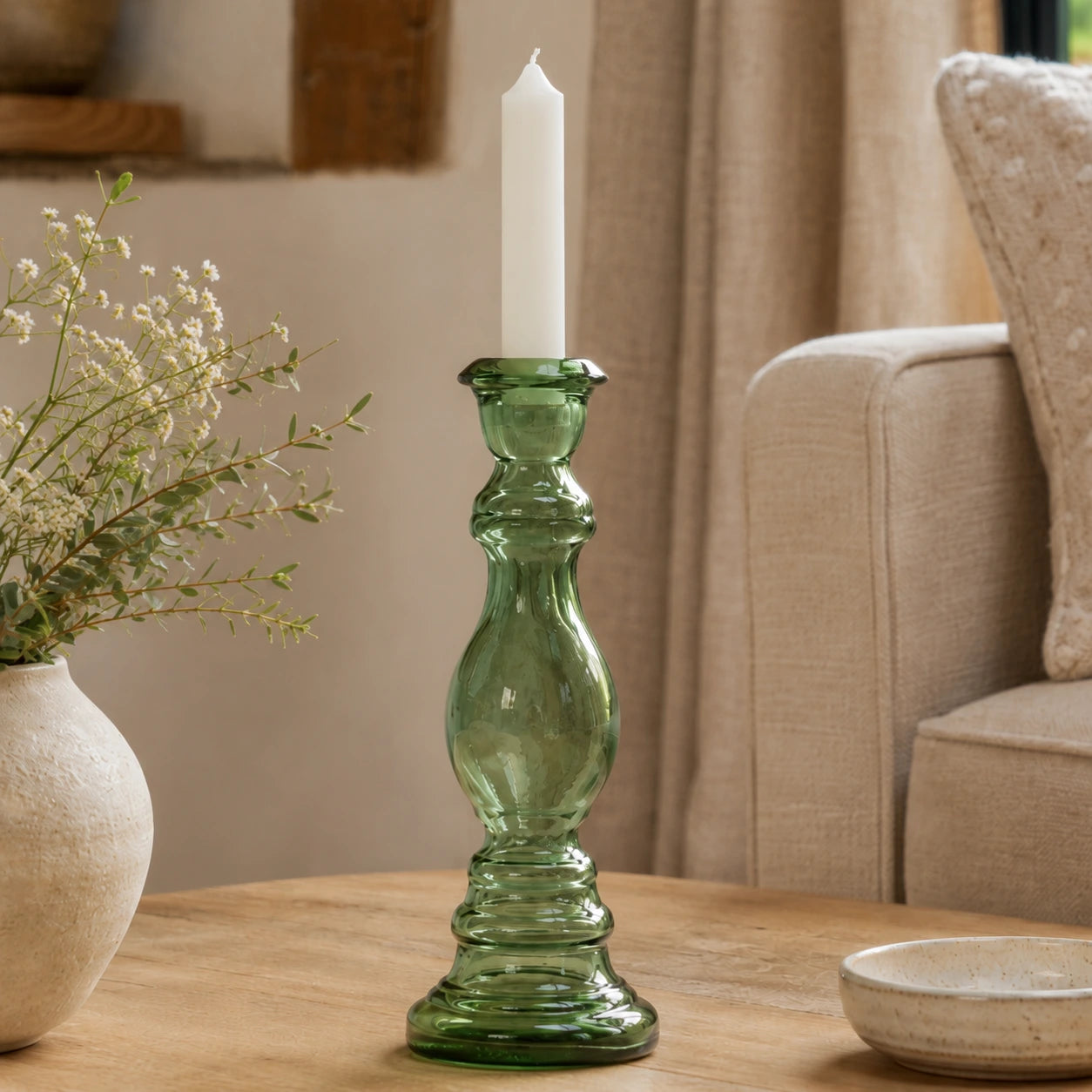 Recycled Glass Candlestick - Juniper Green