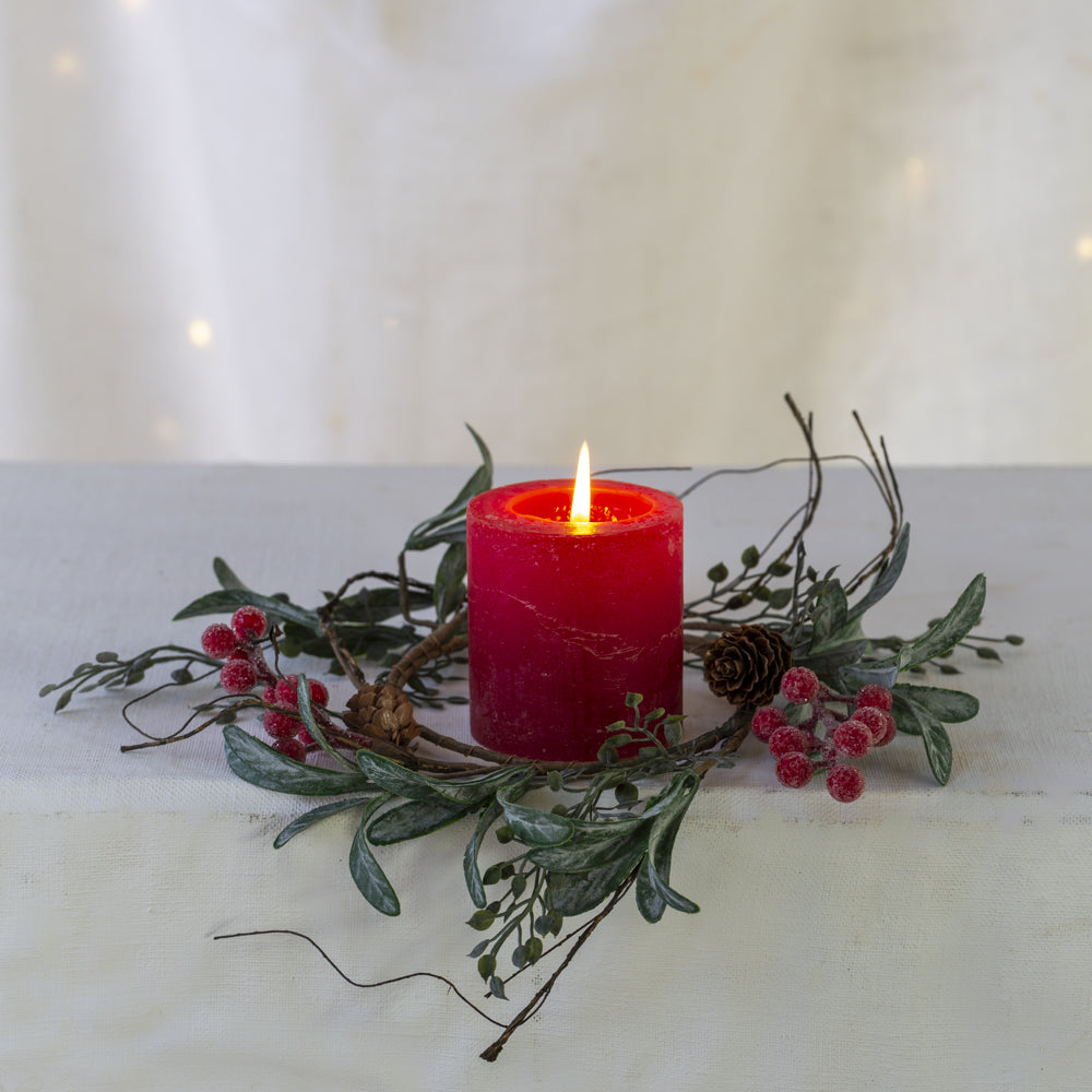 Iced Red Berry Candle Ring with Frosted Leaves