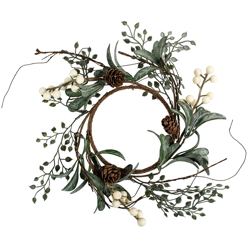 White Berry Candle Ring with Frosted Leaves