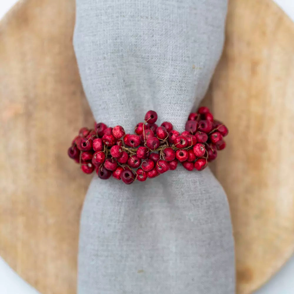 Red Berry Wooden Napkin Ring Set Of 4