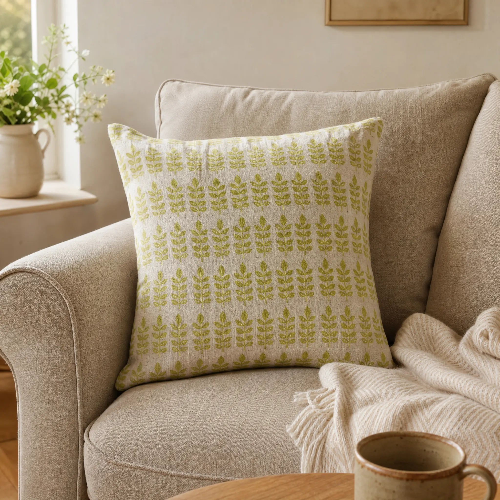 Sam Wilson Green Leaf Print Square Linen Cushion
