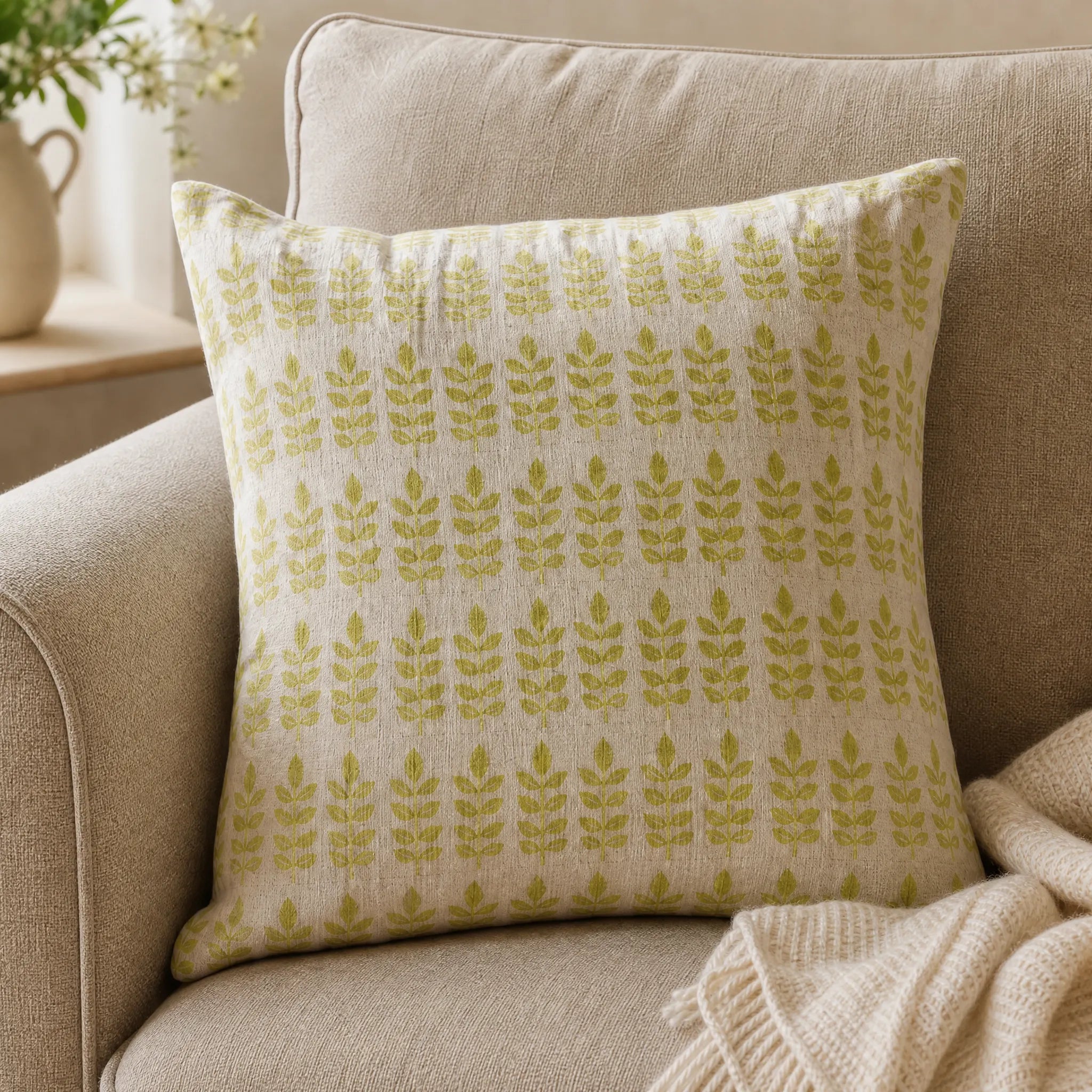 Sam Wilson Green Leaf Print Square Linen Cushion