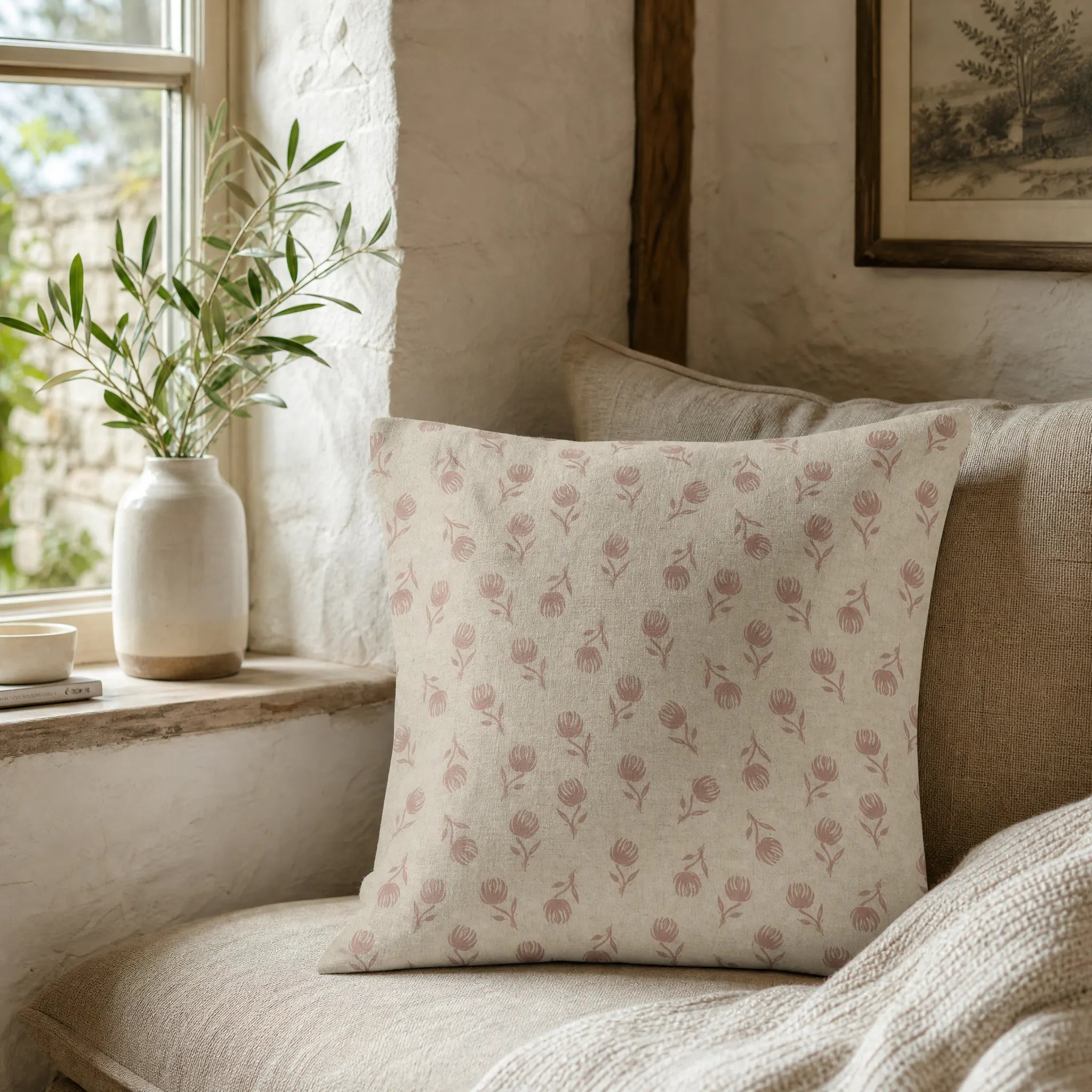 Sam Wilson Pink Clover Square Linen Cushion