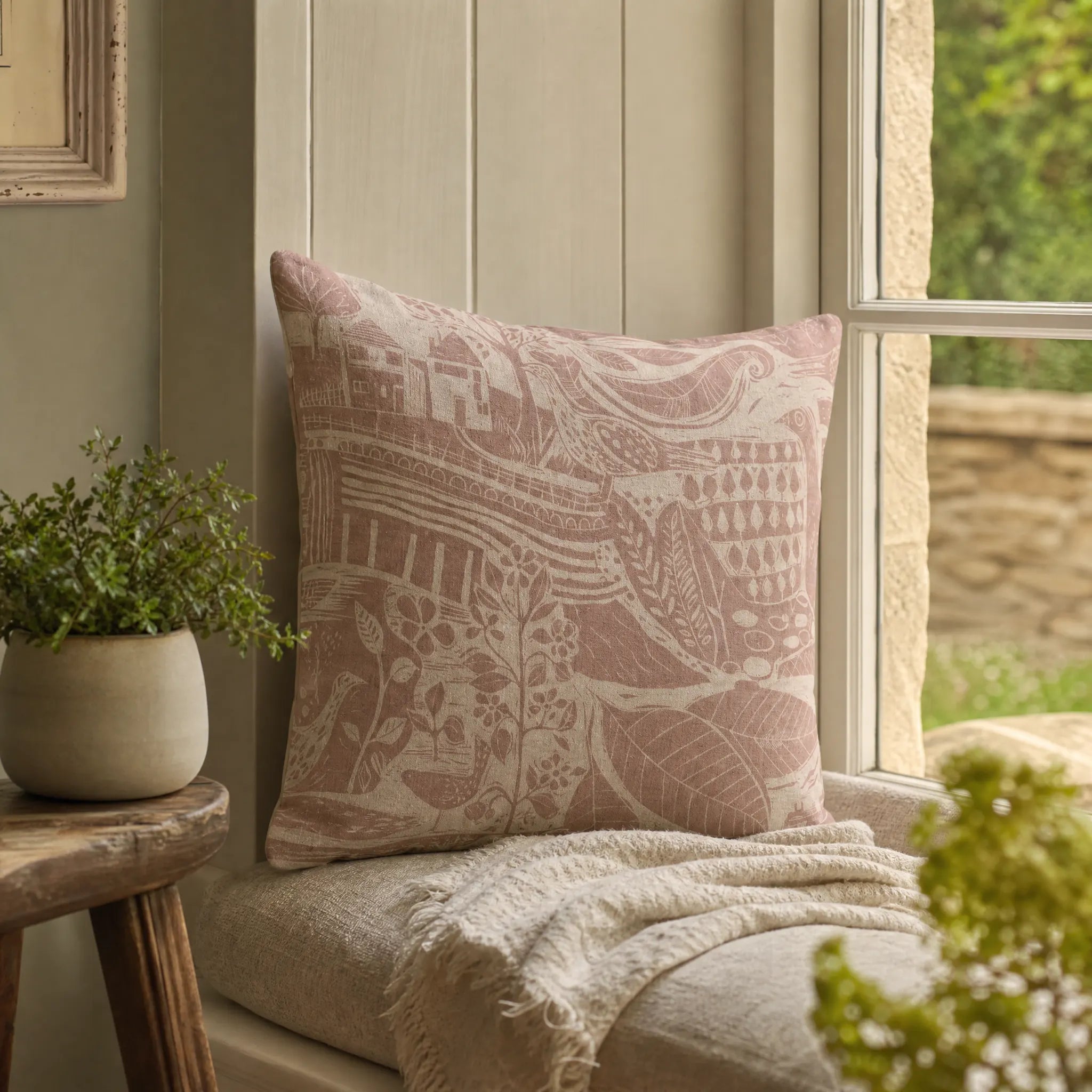 Sam Wilson Through The Fields Square Linen Cushion - pink