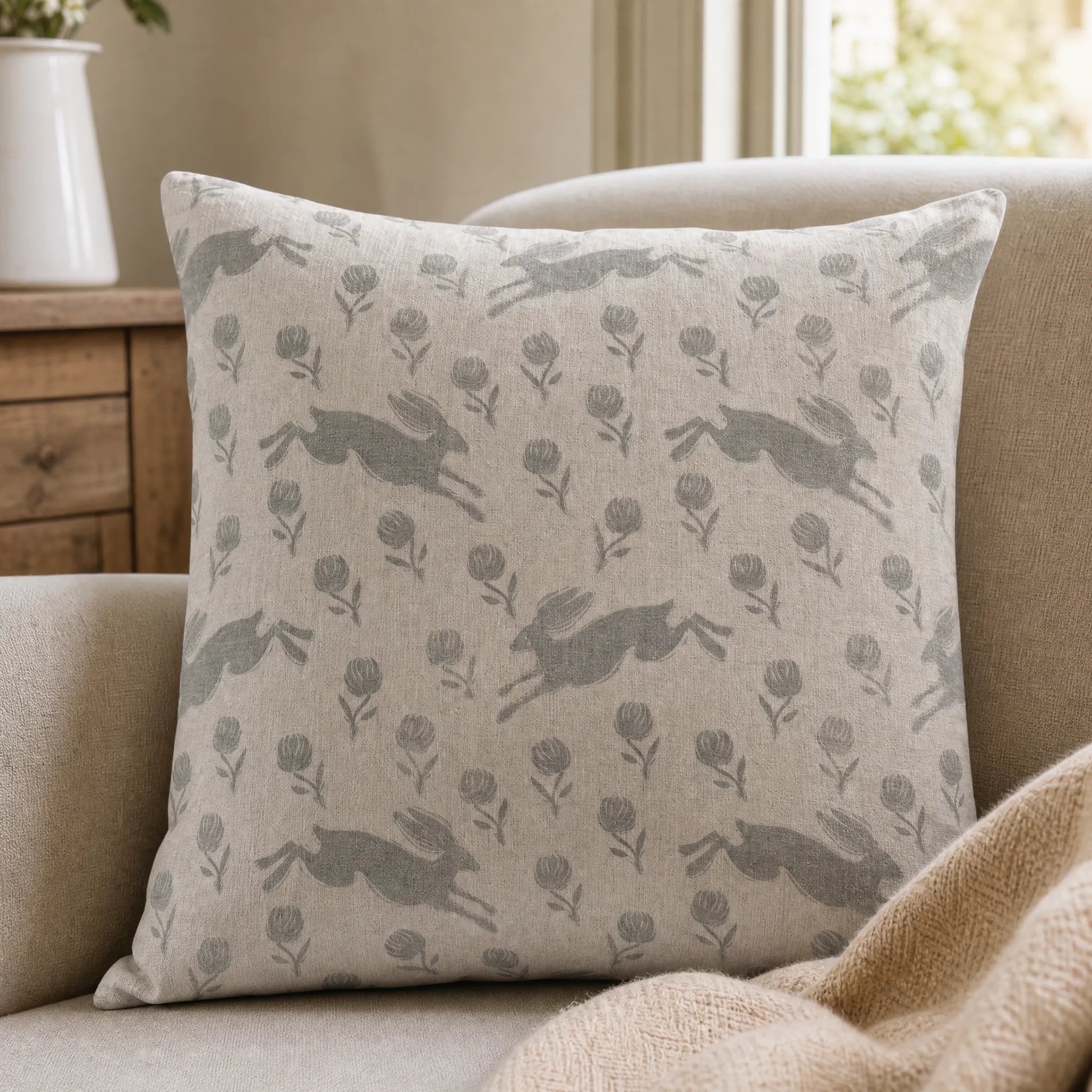 Sam Wilson Running Hare Grey On White Linen Cushion