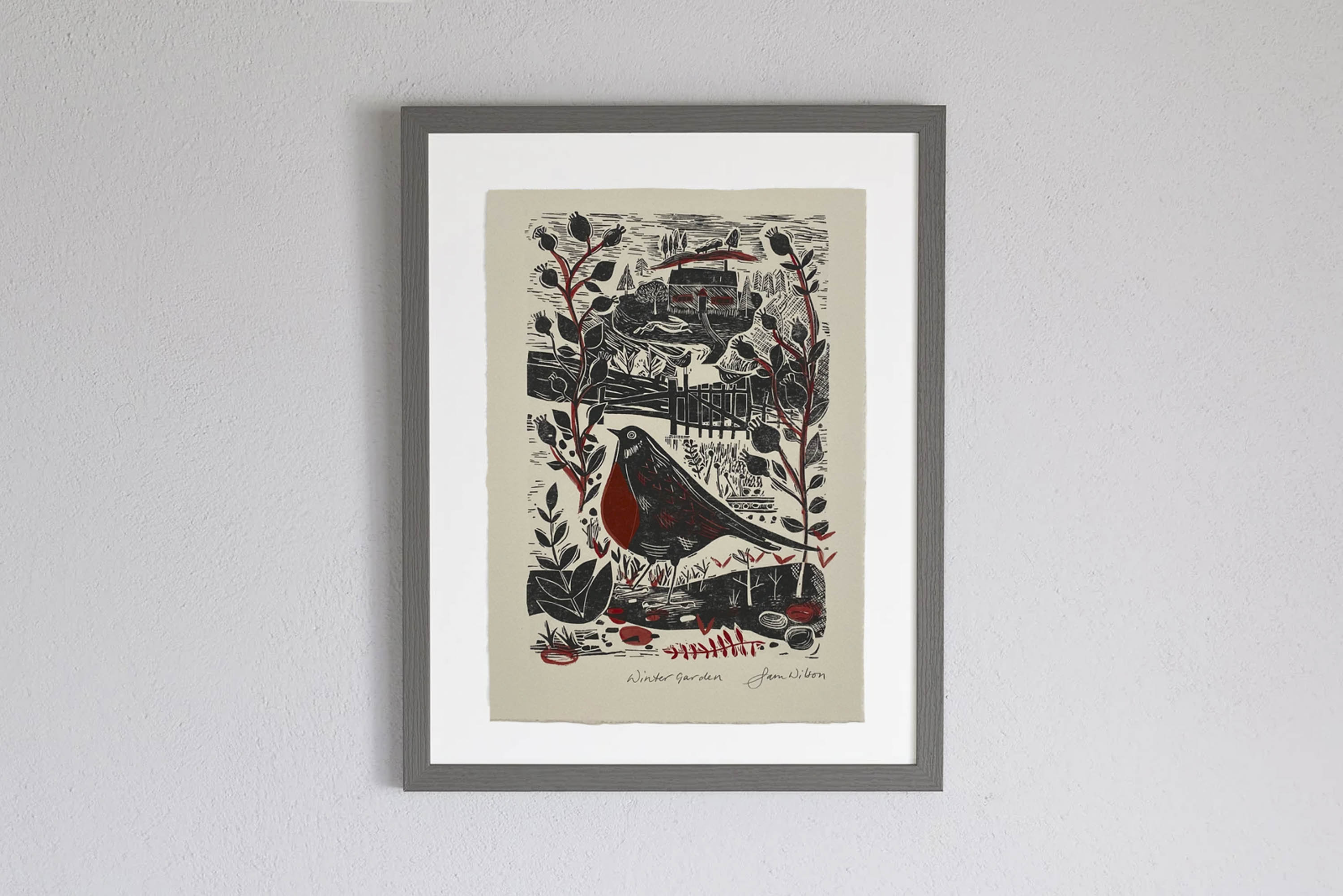 Framed Sam Wilson Winter Garden Bird Print