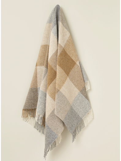 Block Check Romney Wool Throw - Natural