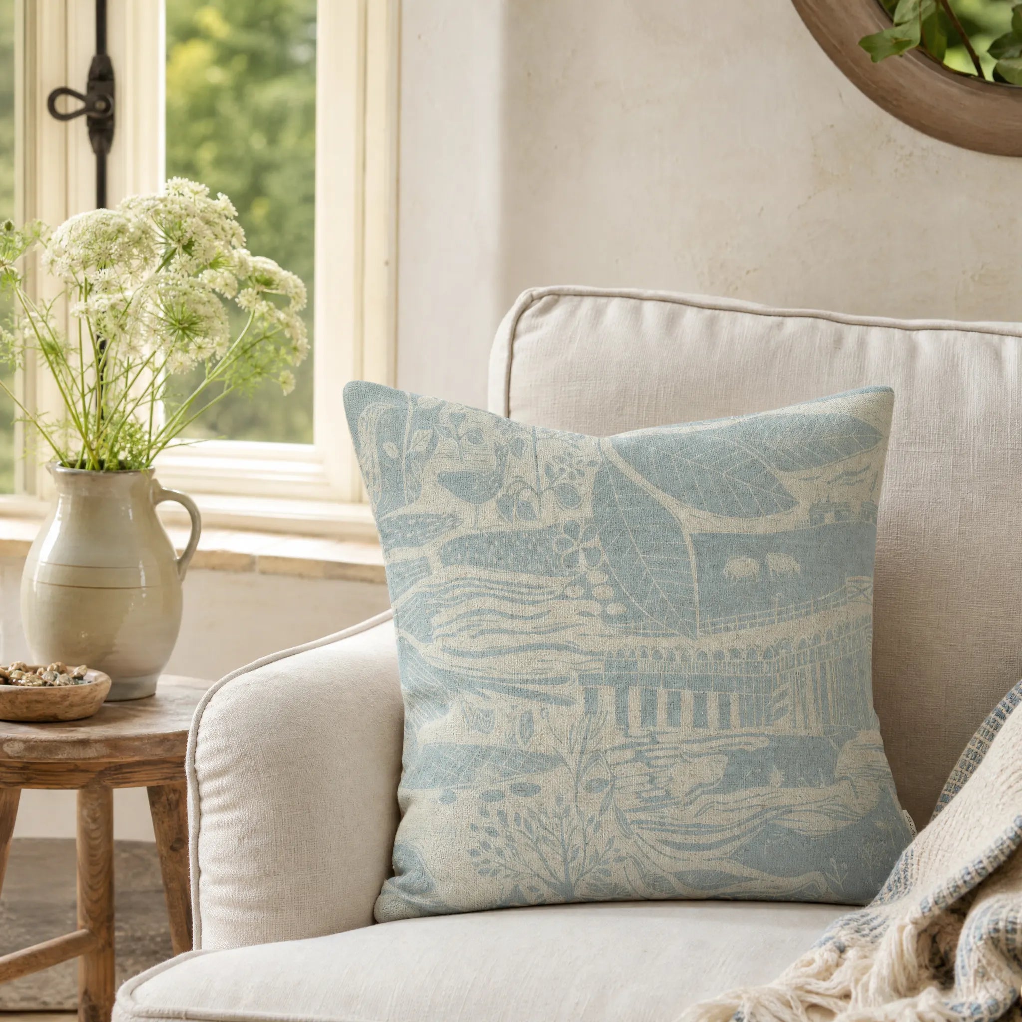 Sam Wilson Through The Fields Duck Egg Blue on Natural Square Cushion